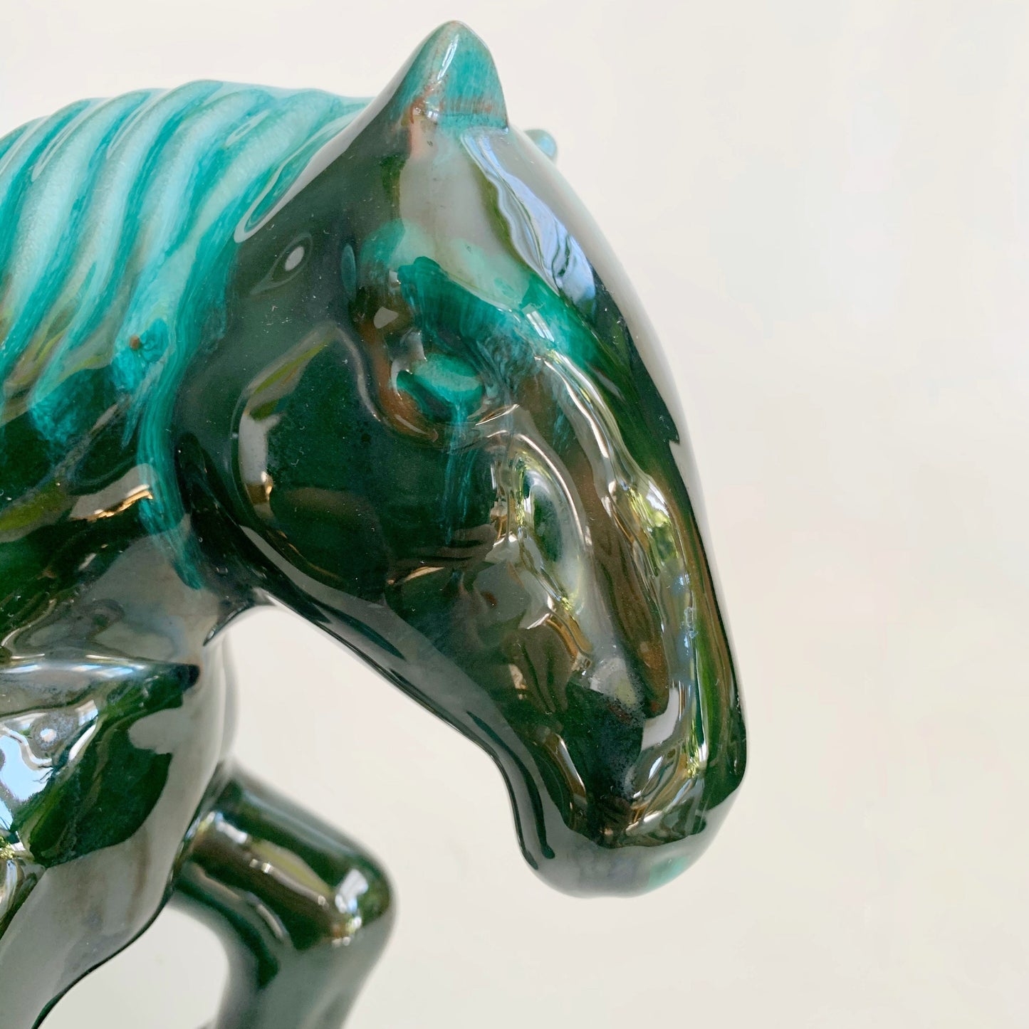Large Blue Mountain Pottery Clydesdale Draft Horse Green Flow Glaze Vintage