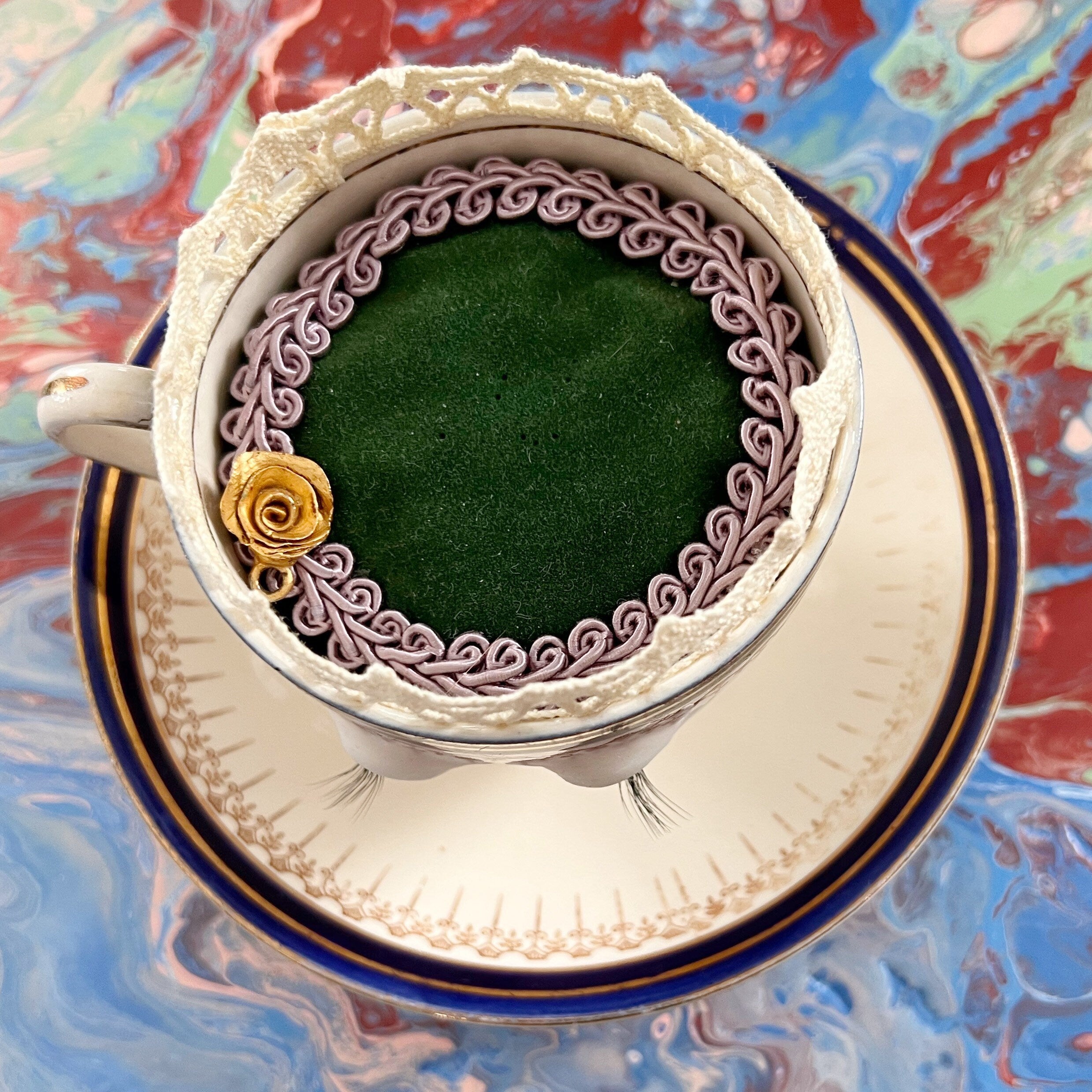 OOAK signed tea cup pin cushion Bleu de Roi Meakin England functional sculpture sewing lover art