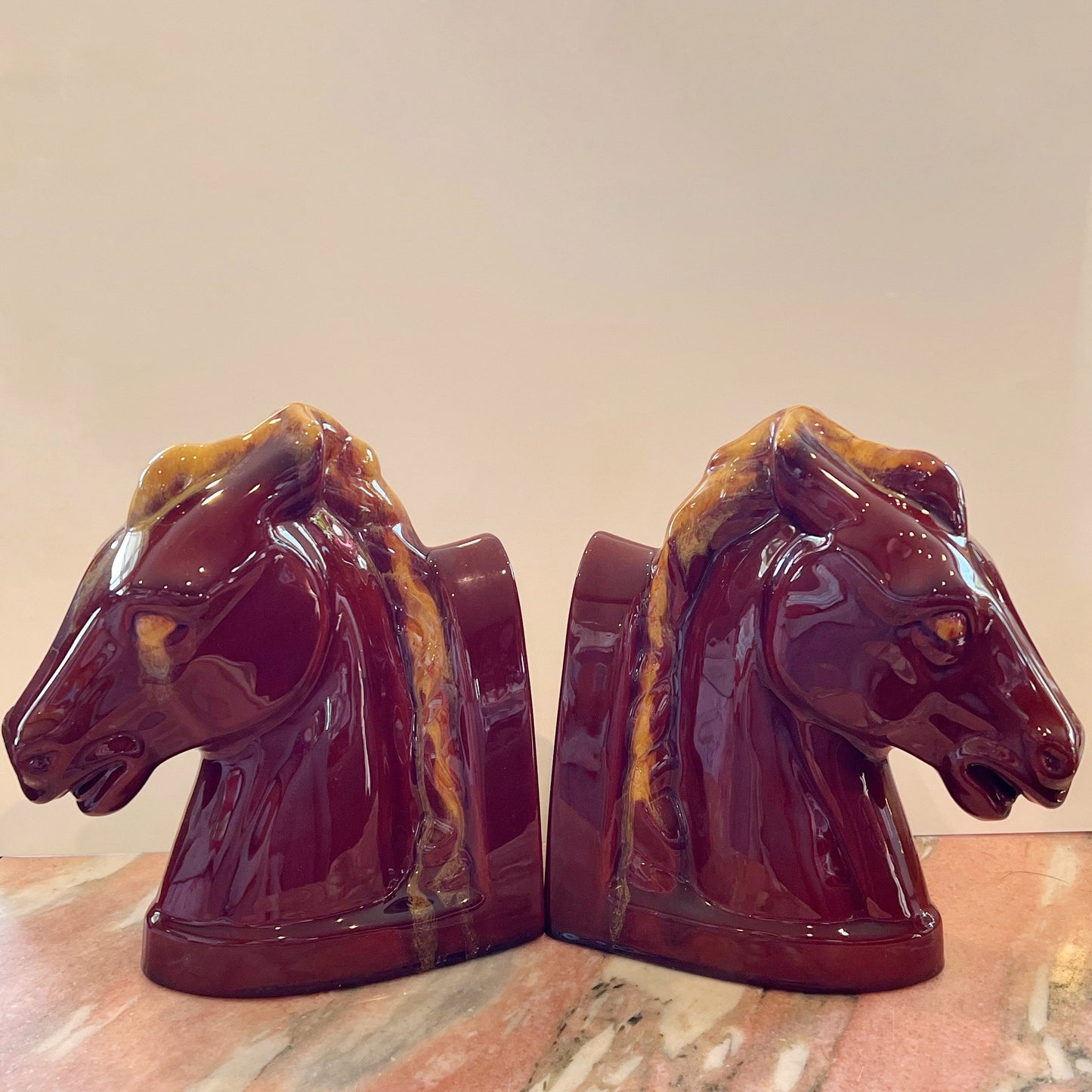 Blue Mountain Pottery Horse Head Bookends Harvest Gold Drip Glaze Classic Canada BMP Equine