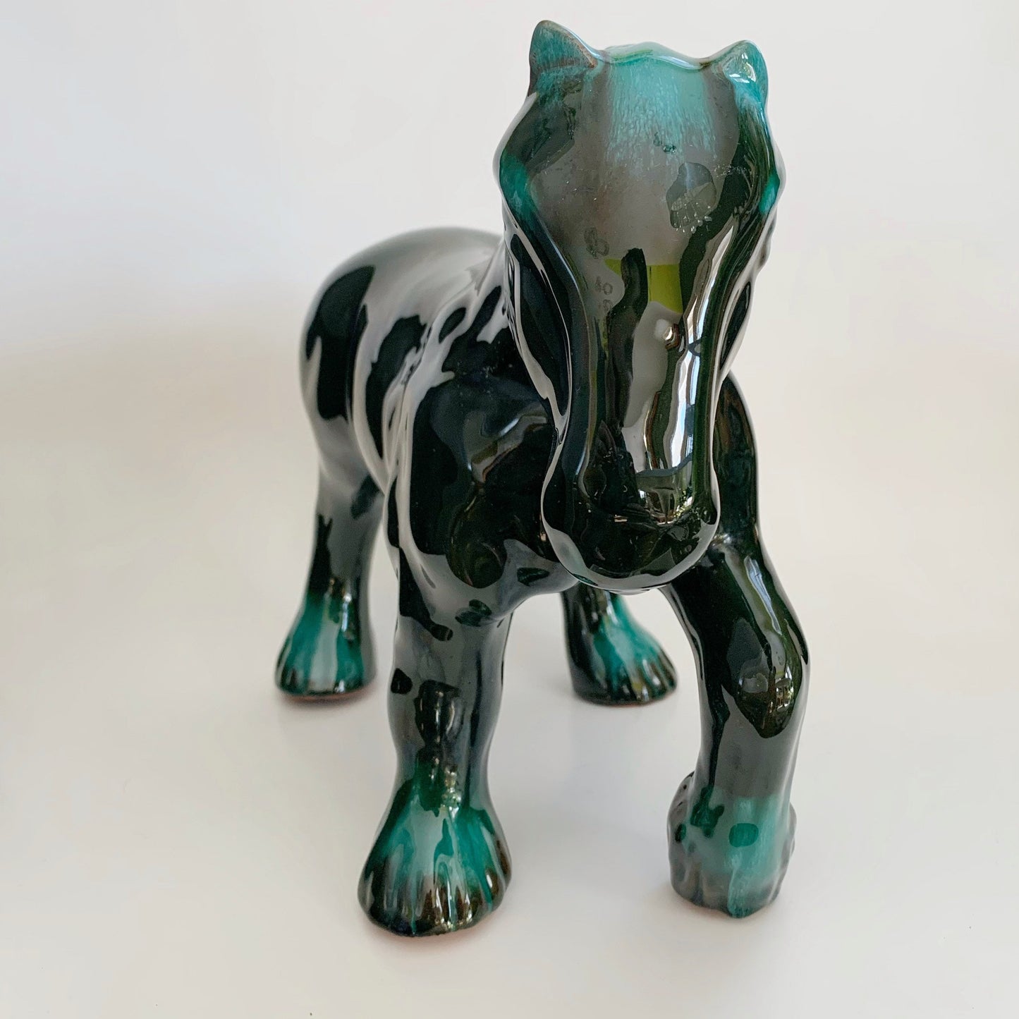 Large Blue Mountain Pottery Clydesdale Draft Horse Green Flow Glaze Vintage