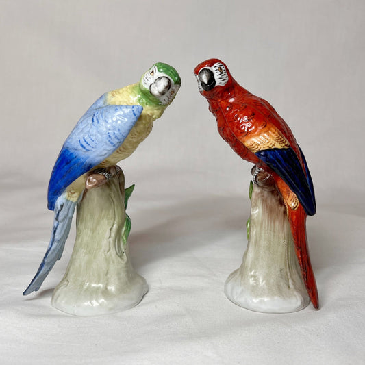 Pair of Sitzendorf Porcelain Parrots German Art Bird Signed Rare