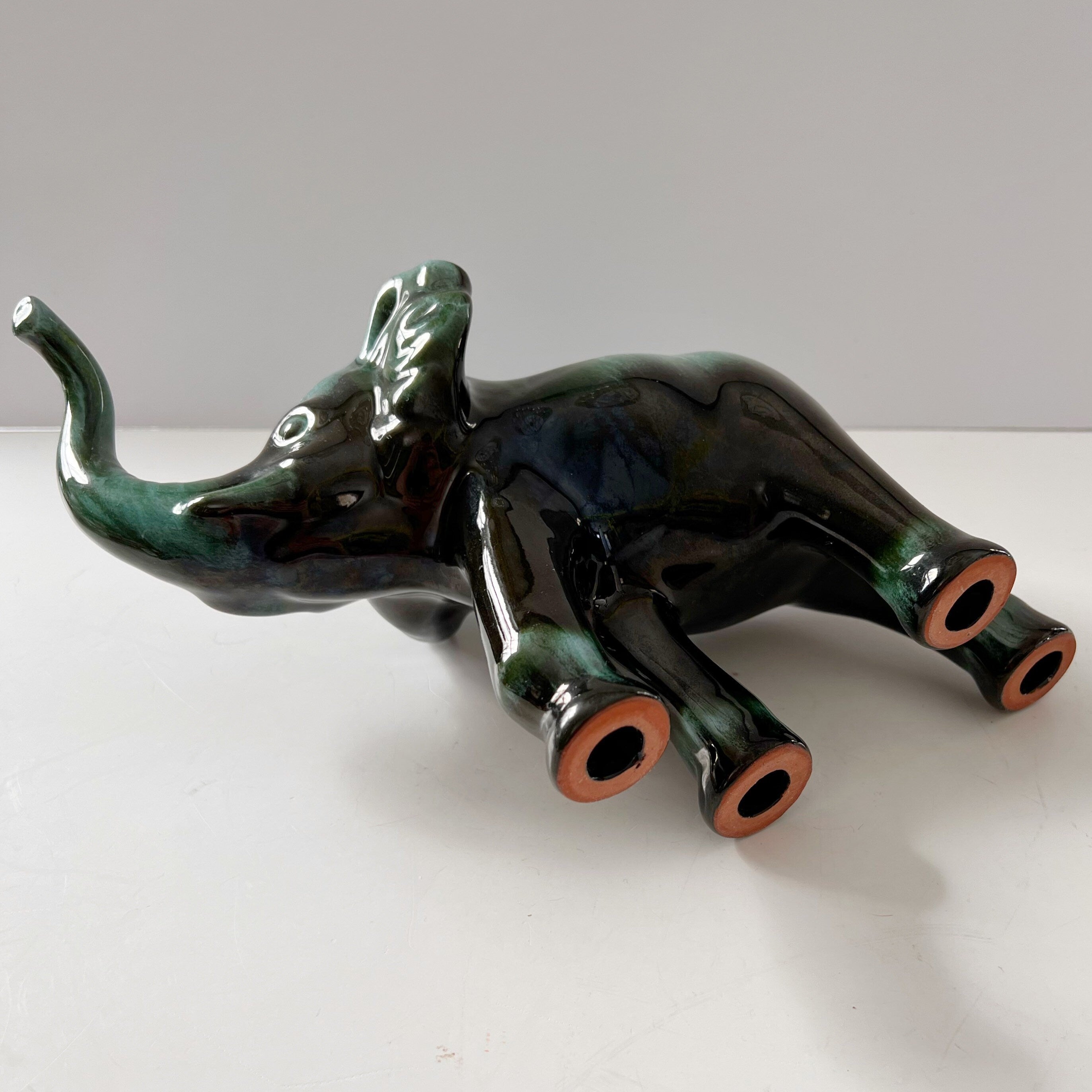 Blue Mountain Pottery Elephant Trunk Up Good Luck Flow Green Vintage Canada Collectible
