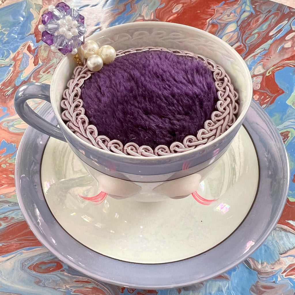 OOAK signed tea cup pin cushion Nagoya Seitosho blue lilac lustre glass eyes functional sculpture sewing lover