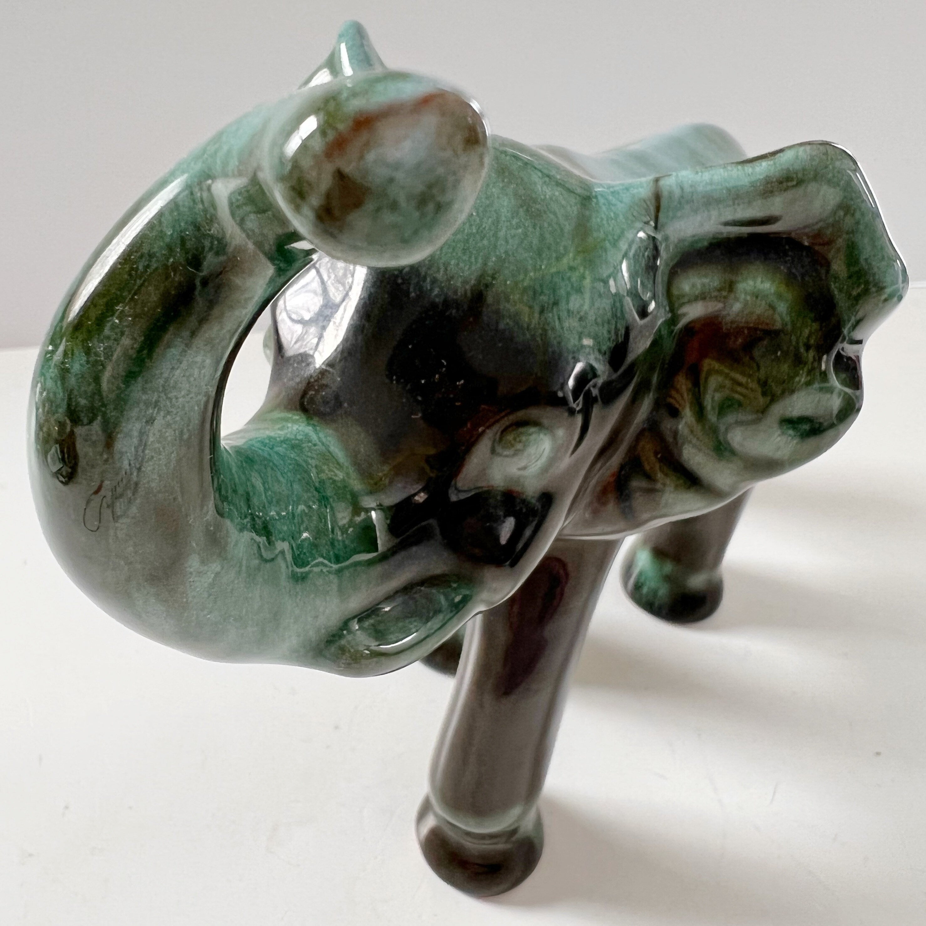 Blue Mountain Pottery Elephant Trunk Up Good Luck Flow Green Vintage Canada Collectible