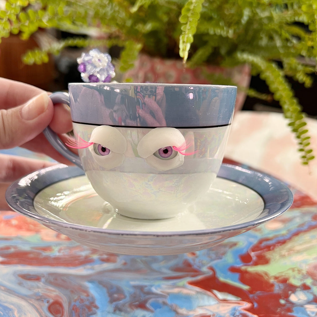 OOAK signed tea cup pin cushion Nagoya Seitosho blue lilac lustre glass eyes functional sculpture sewing lover