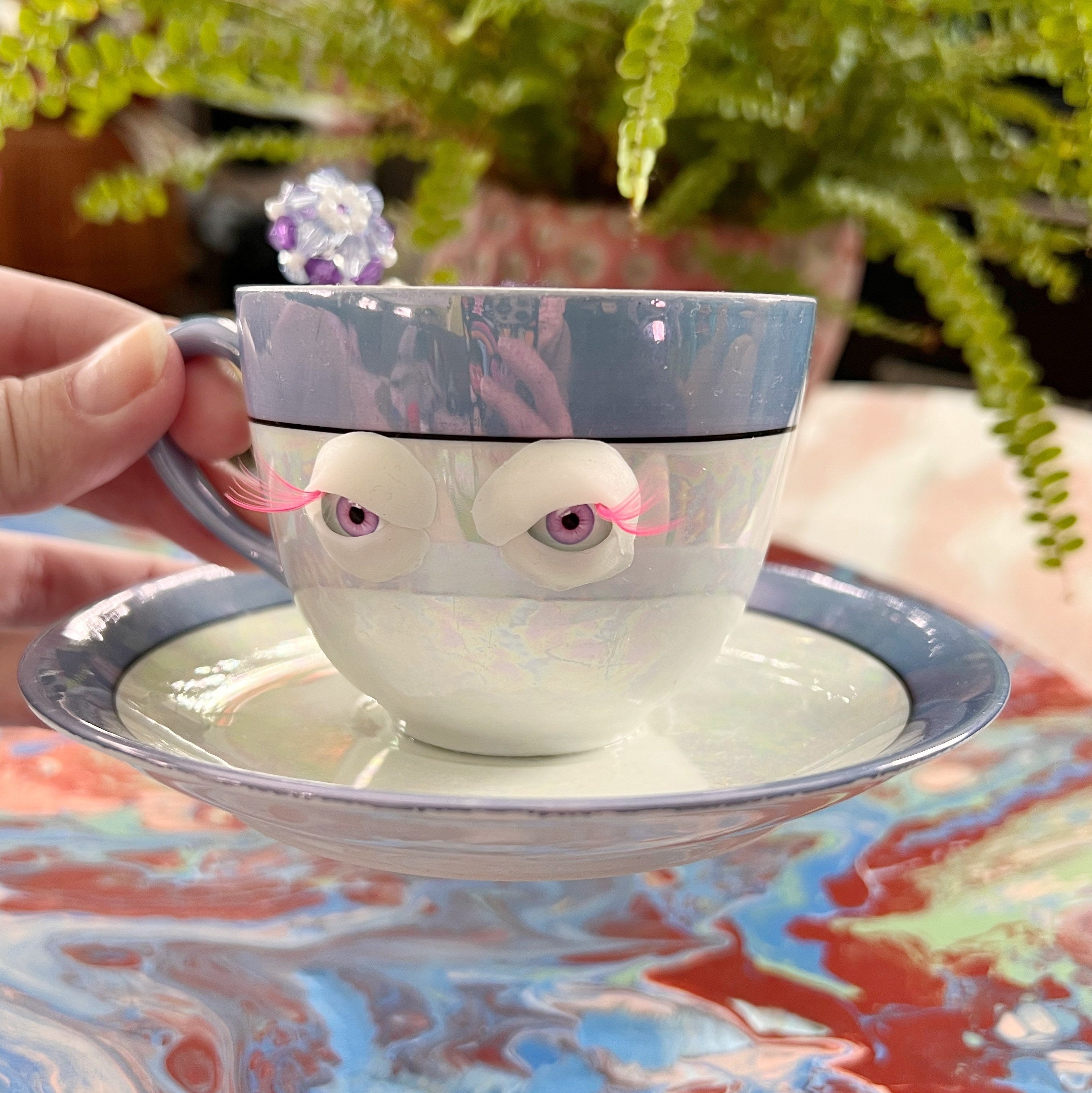 OOAK signed tea cup pin cushion Nagoya Seitosho blue lilac lustre glass eyes functional sculpture sewing lover
