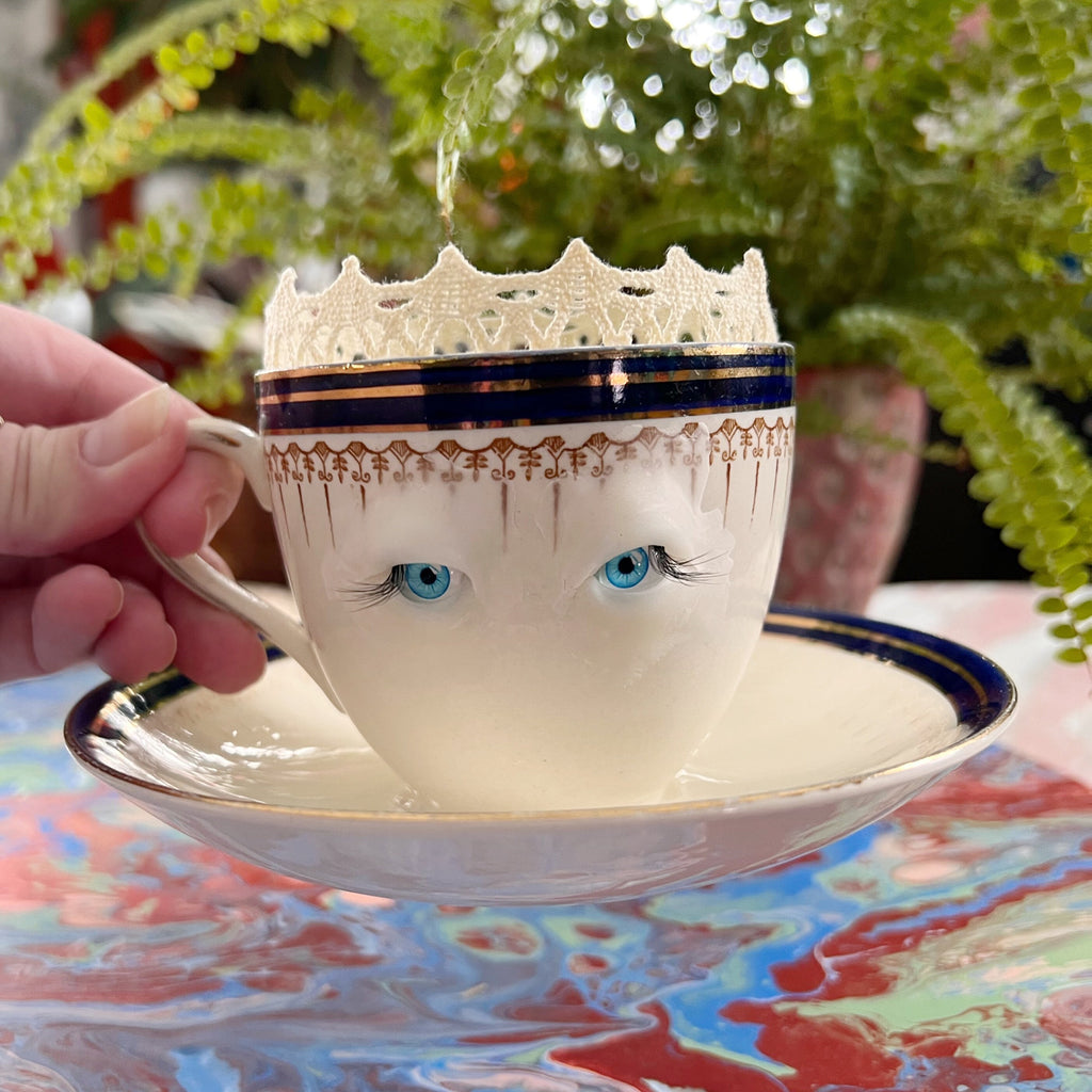 OOAK signed tea cup pin cushion Bleu de Roi Meakin England functional sculpture sewing lover art
