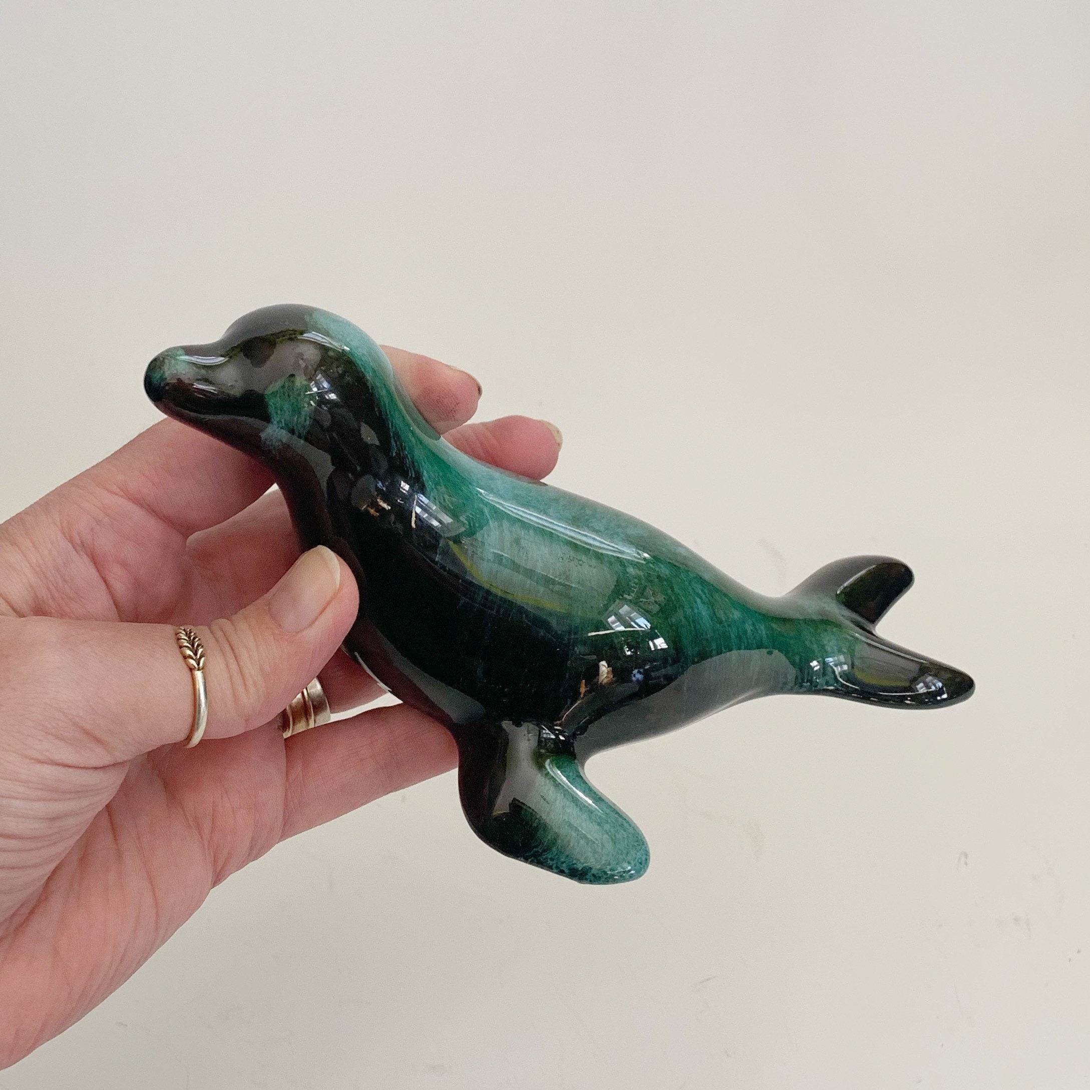 Blue Mountain Pottery Seal Pup Green Flow Glaze Canada Vintage