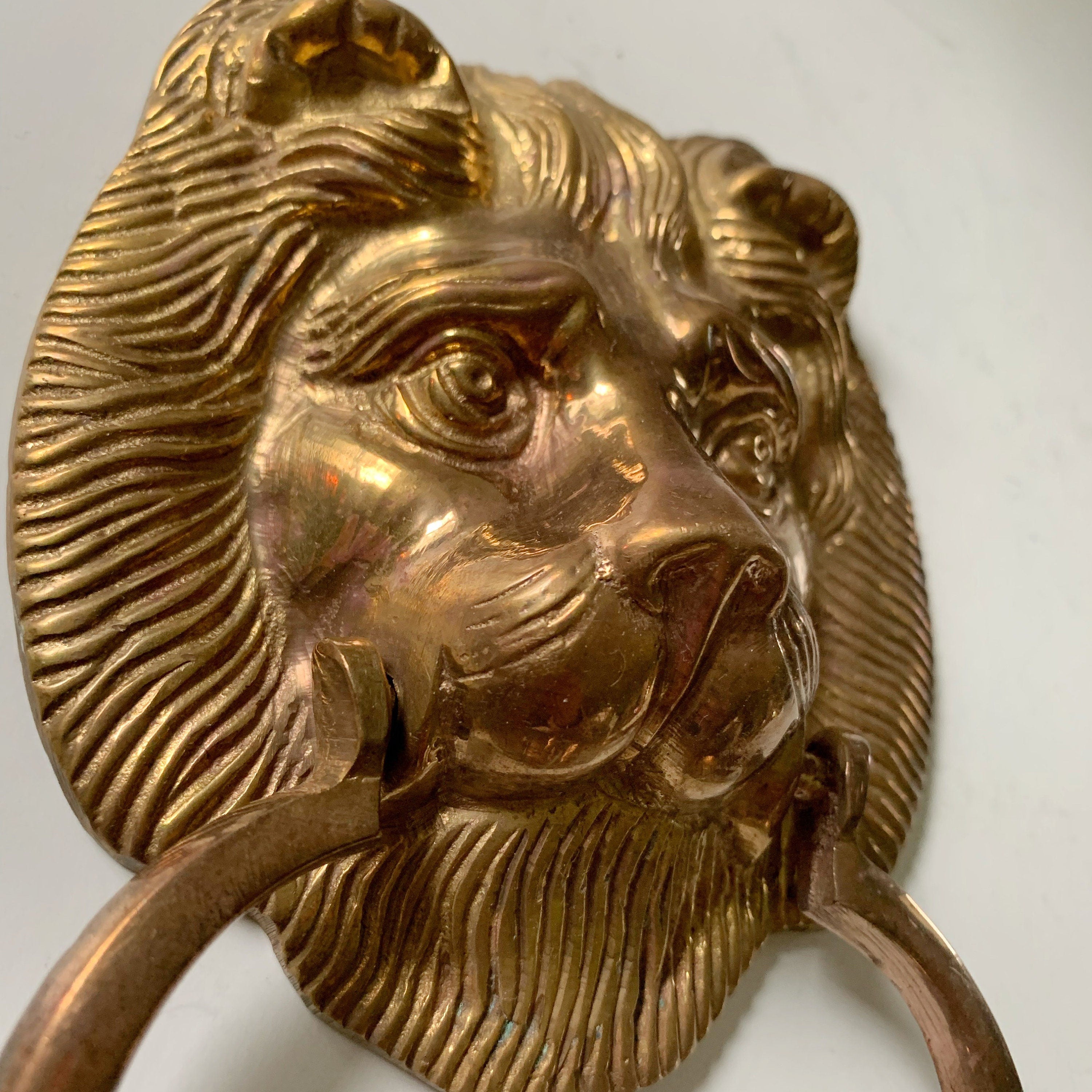 Solid Brass Lion Head Door Knocker Heavy Cat Boho Vintage MCM