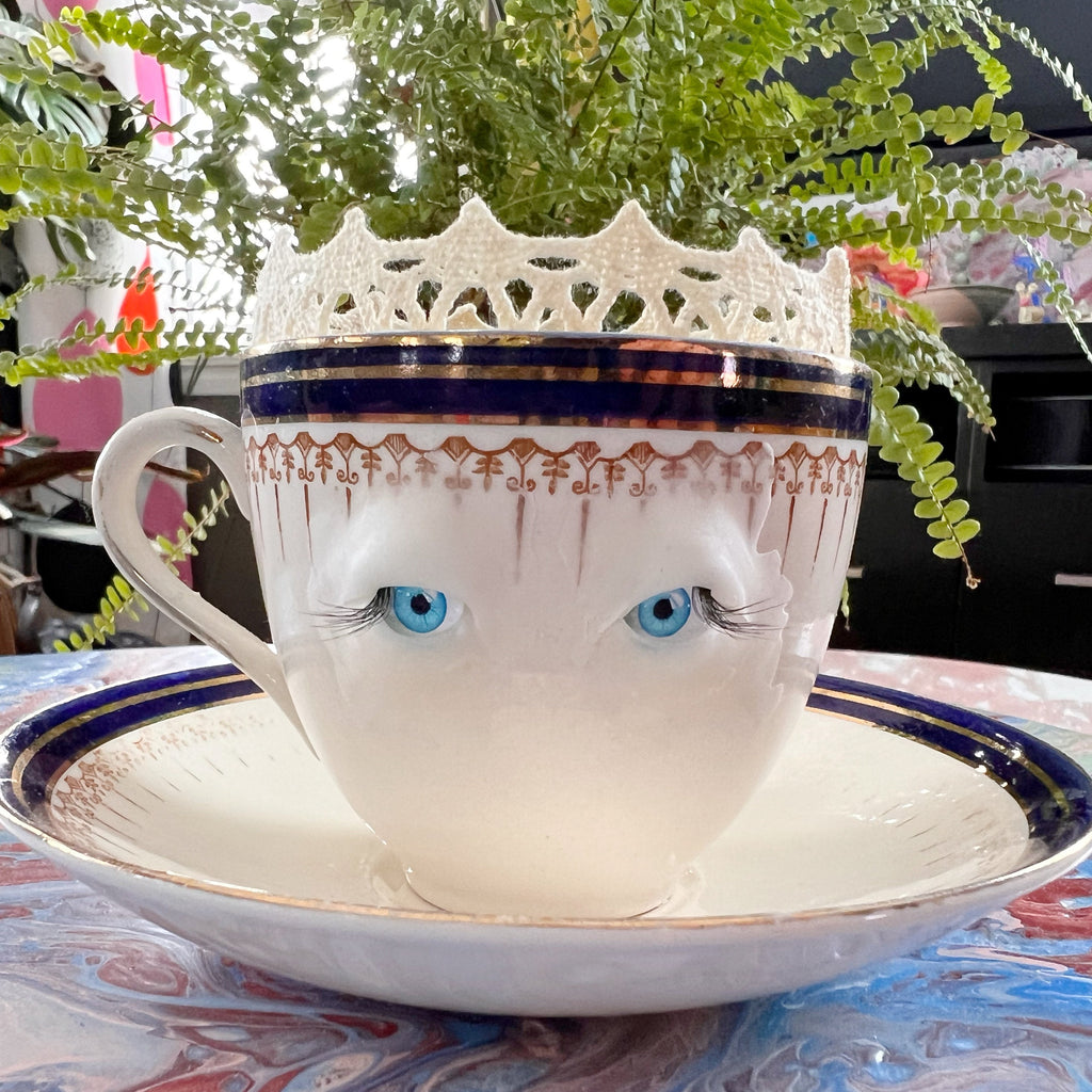 OOAK signed tea cup pin cushion Bleu de Roi Meakin England functional sculpture sewing lover art