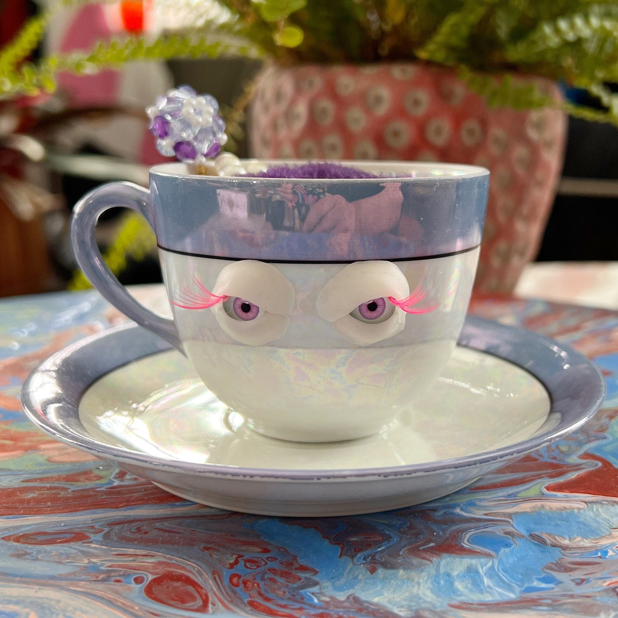 OOAK signed tea cup pin cushion Nagoya Seitosho blue lilac lustre glass eyes functional sculpture sewing lover