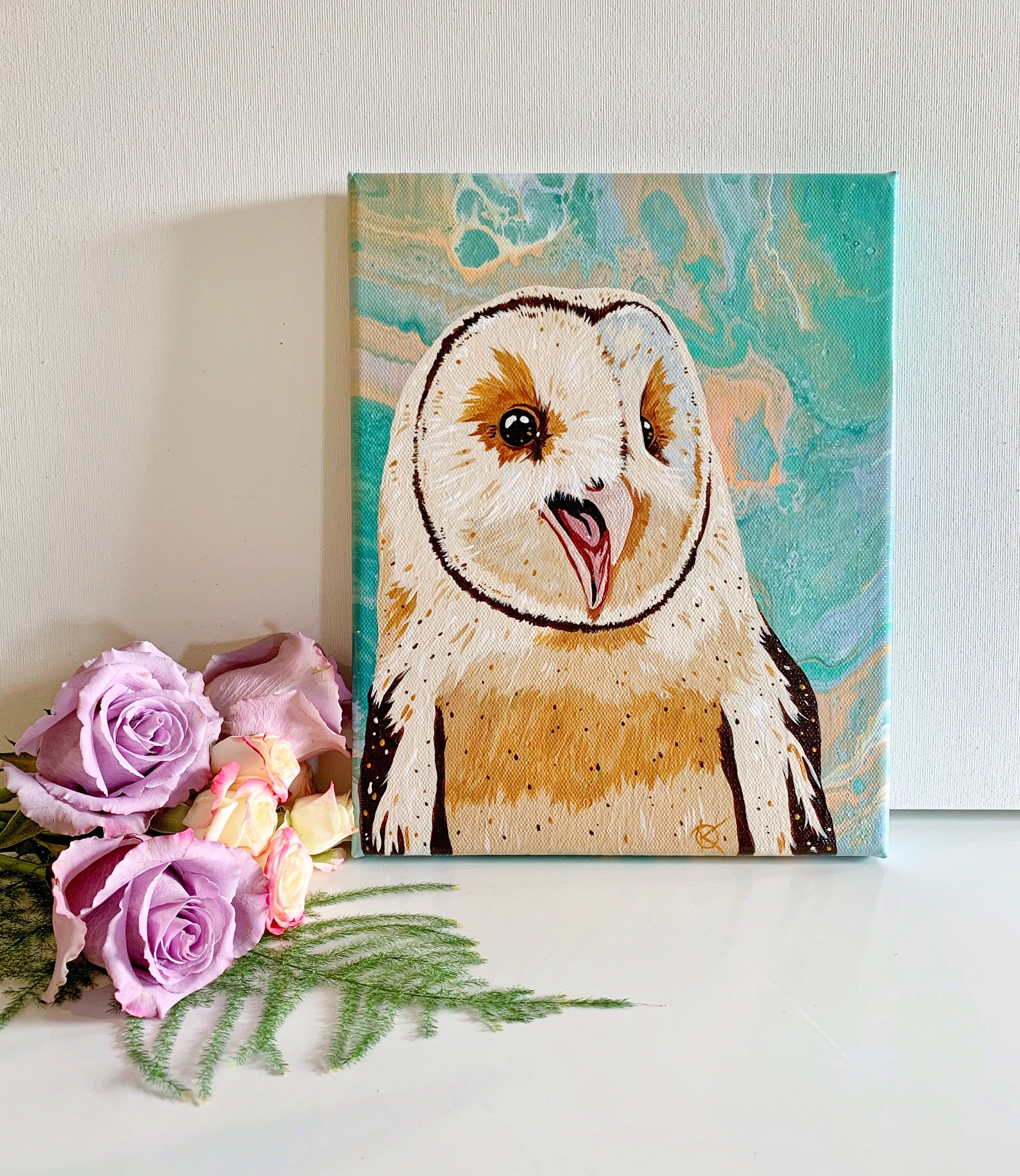 BARN OWL original painting on 8 x 10 stretched canvas pour background