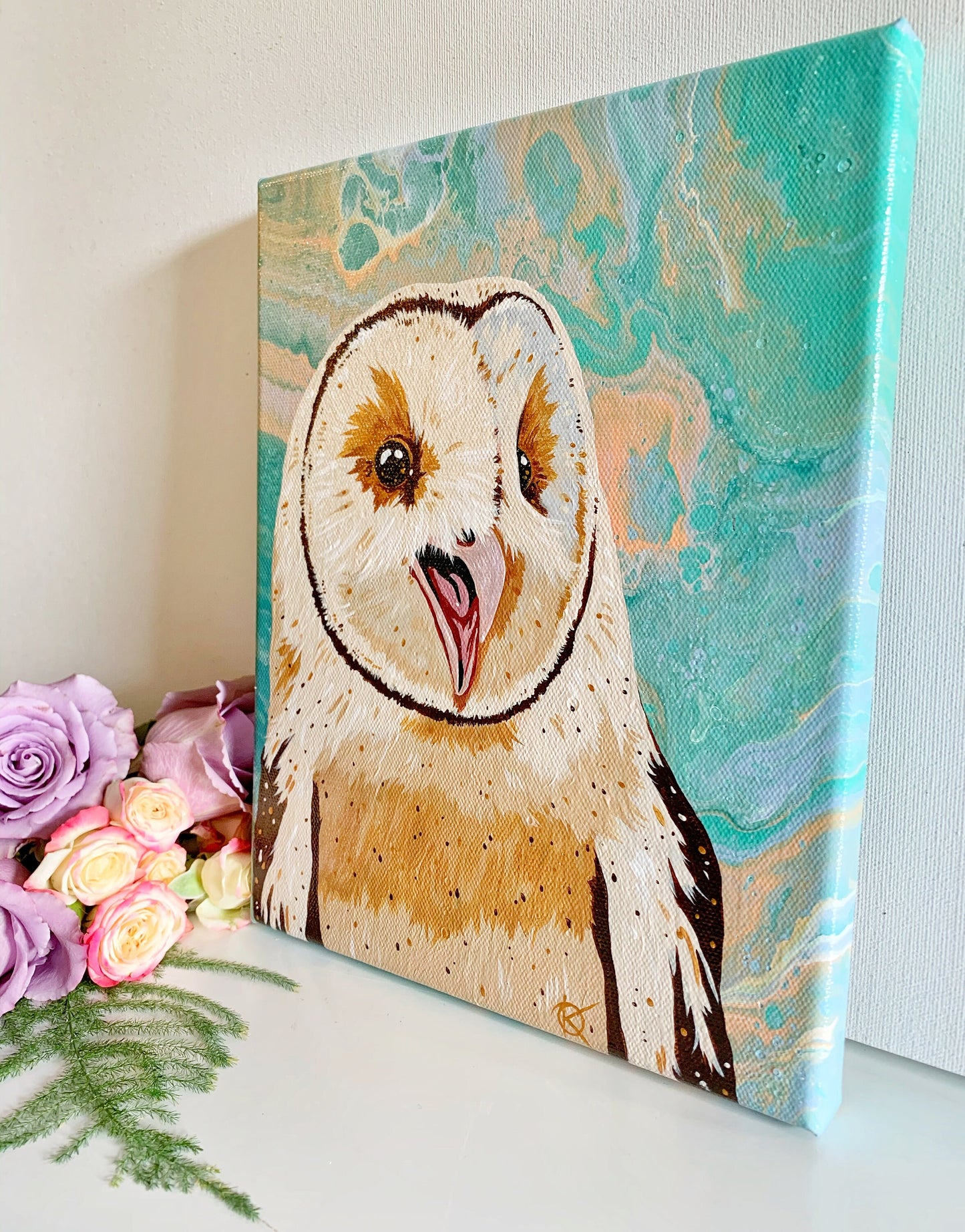BARN OWL original painting on 8 x 10 stretched canvas pour background