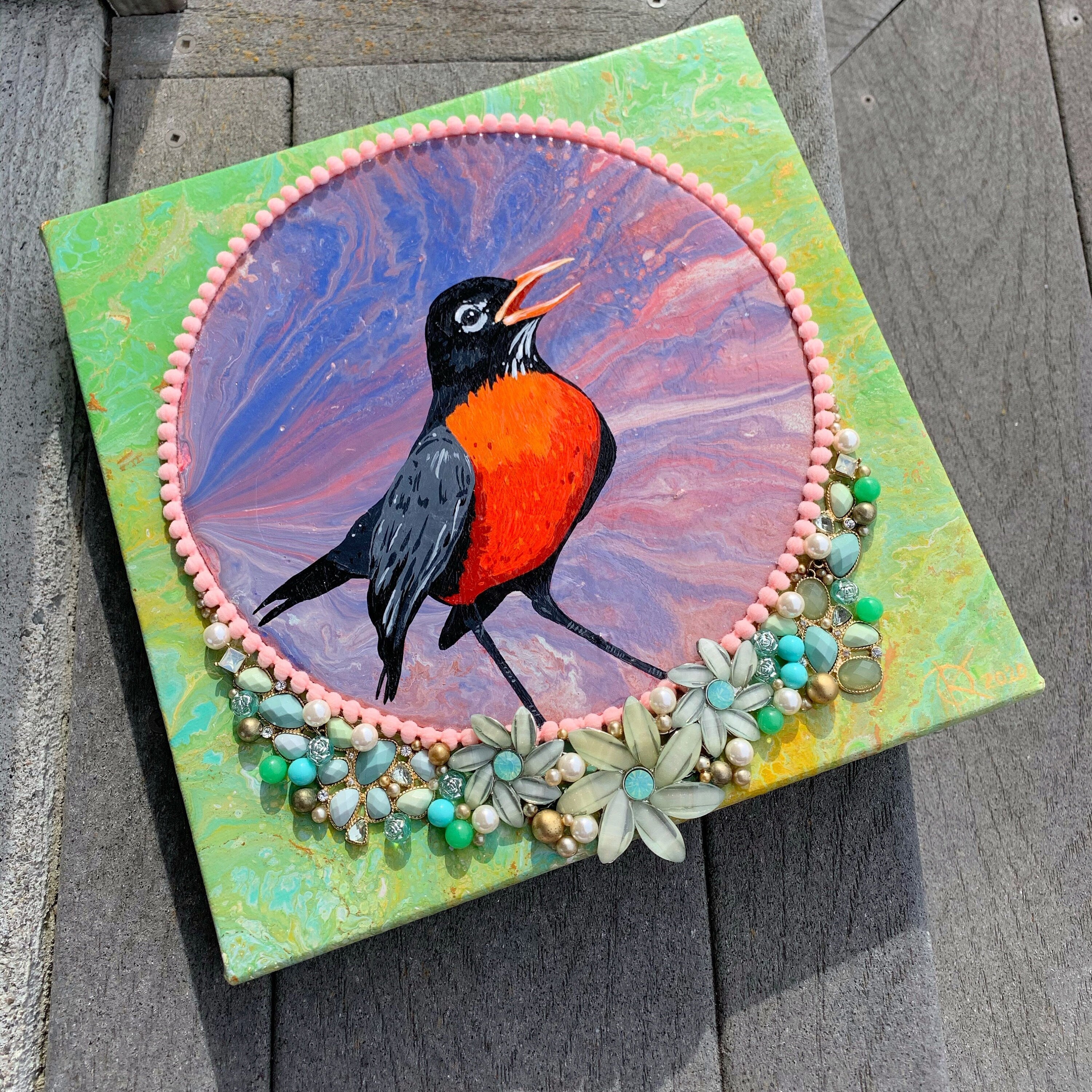 New Dawn Original Embellished Painting Gallery Canvas Vintage Jewelry Pompoms Gloss Glaze Robin Bird Art