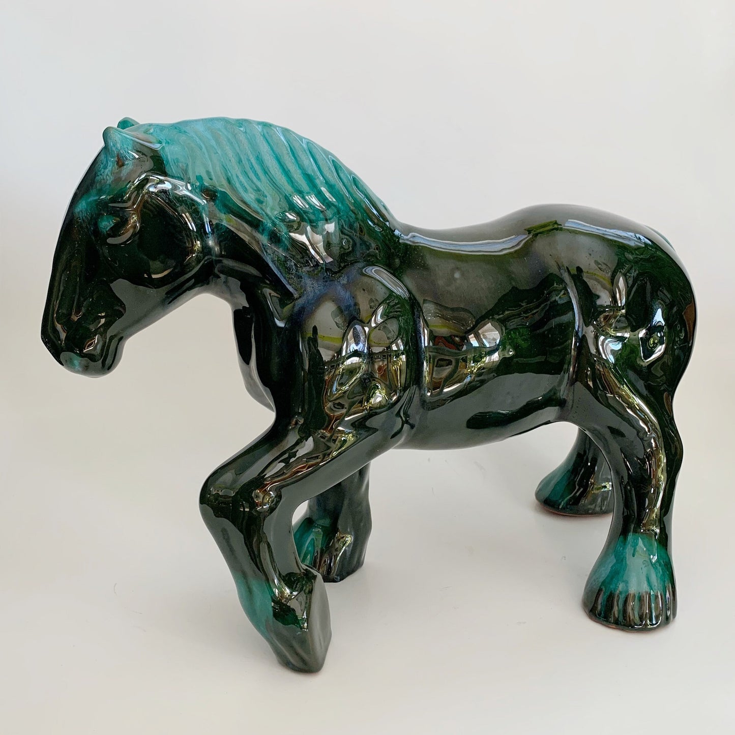 Large Blue Mountain Pottery Clydesdale Draft Horse Green Flow Glaze Vintage