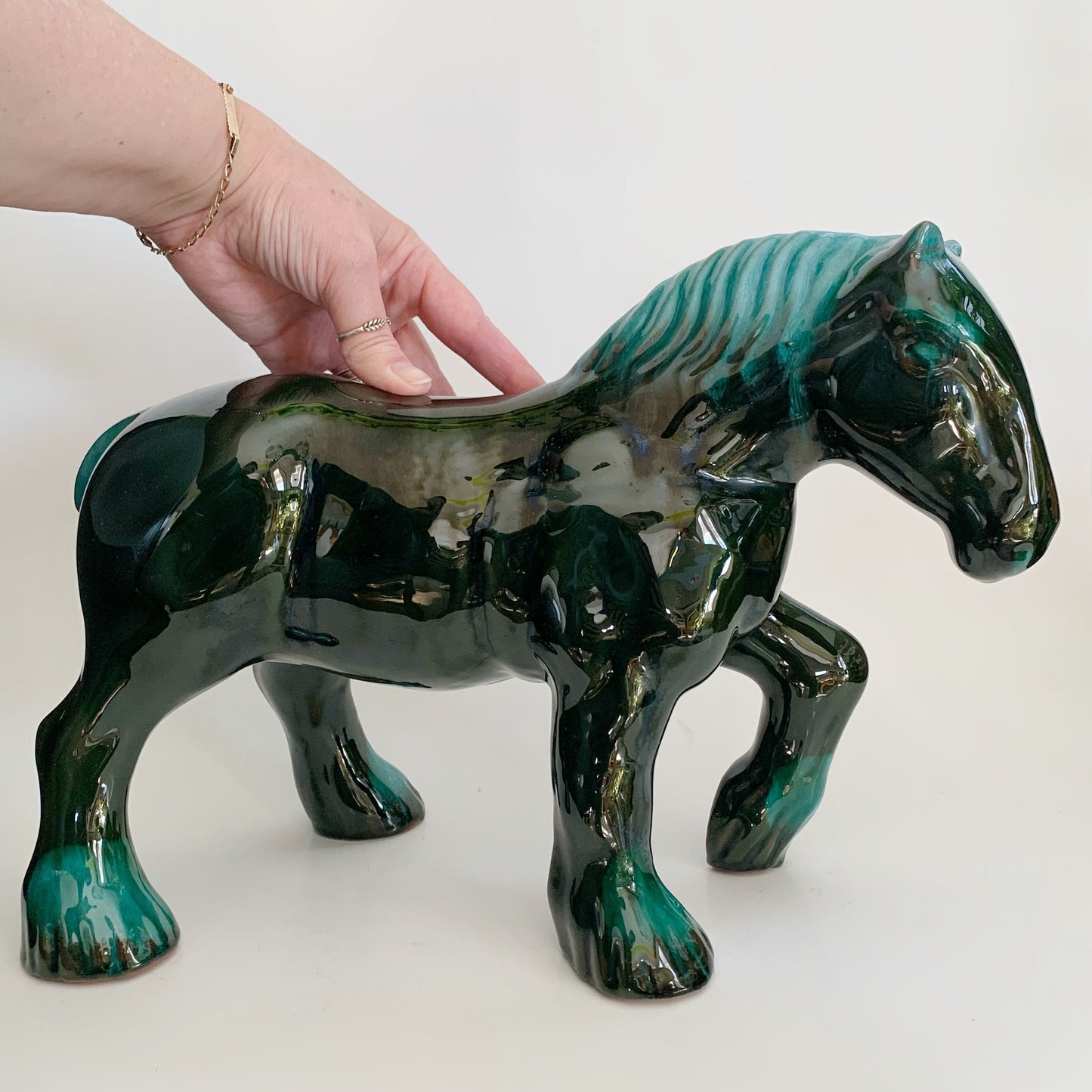 Large Blue Mountain Pottery Clydesdale Draft Horse Green Flow Glaze Vintage