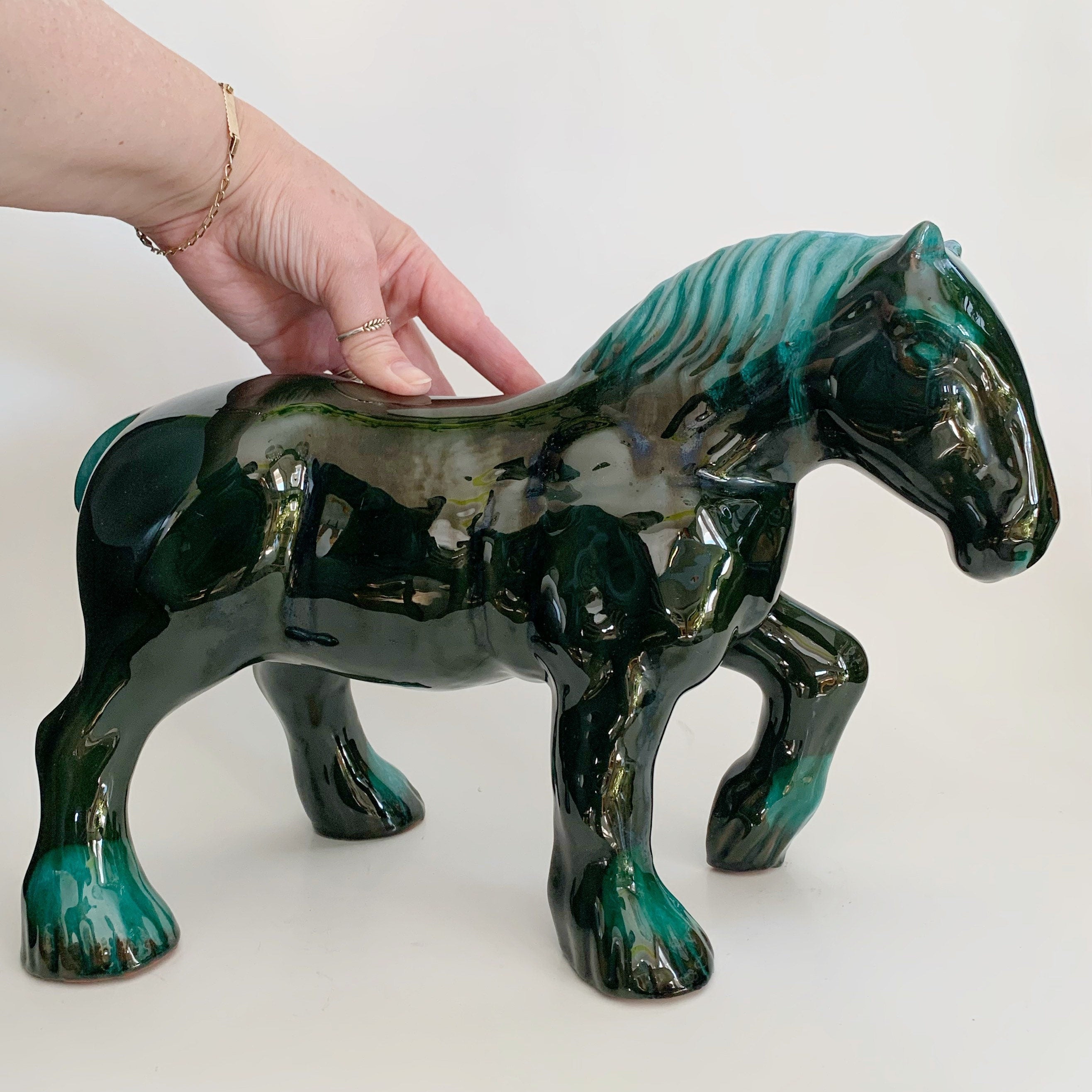 Large Blue Mountain Pottery Clydesdale Draft Horse Green Flow Glaze Vintage