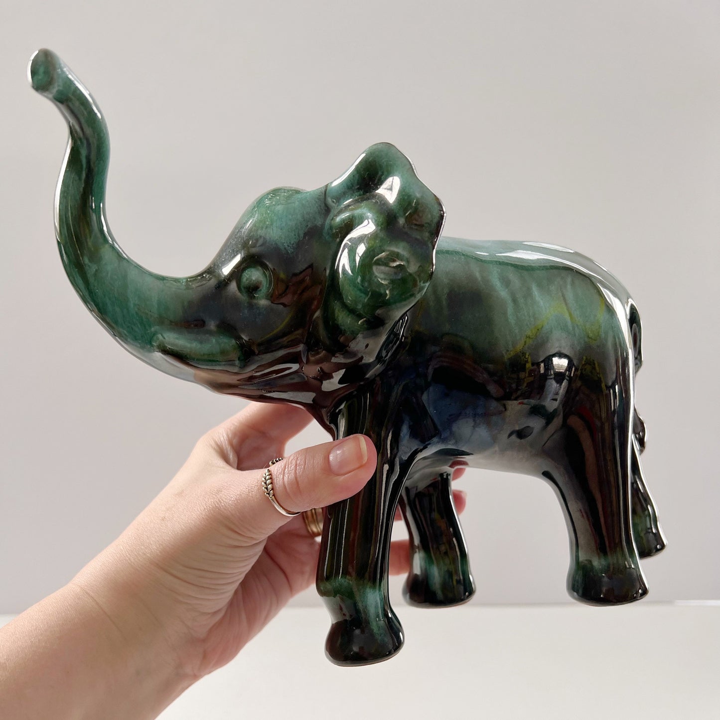Blue Mountain Pottery Elephant Trunk Up Good Luck Flow Green Vintage Canada Collectible