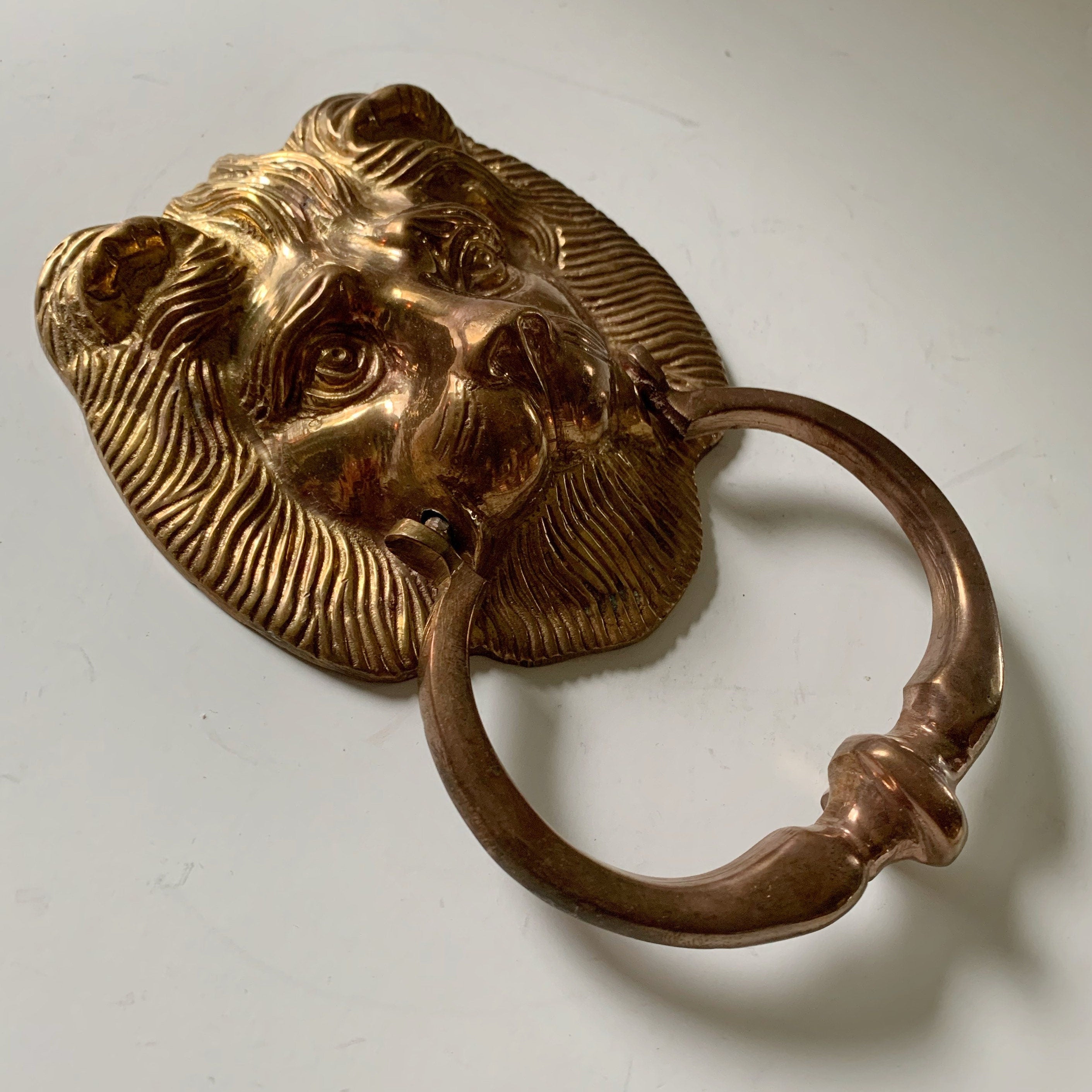Solid Brass Lion Head Door Knocker Heavy Cat Boho Vintage MCM