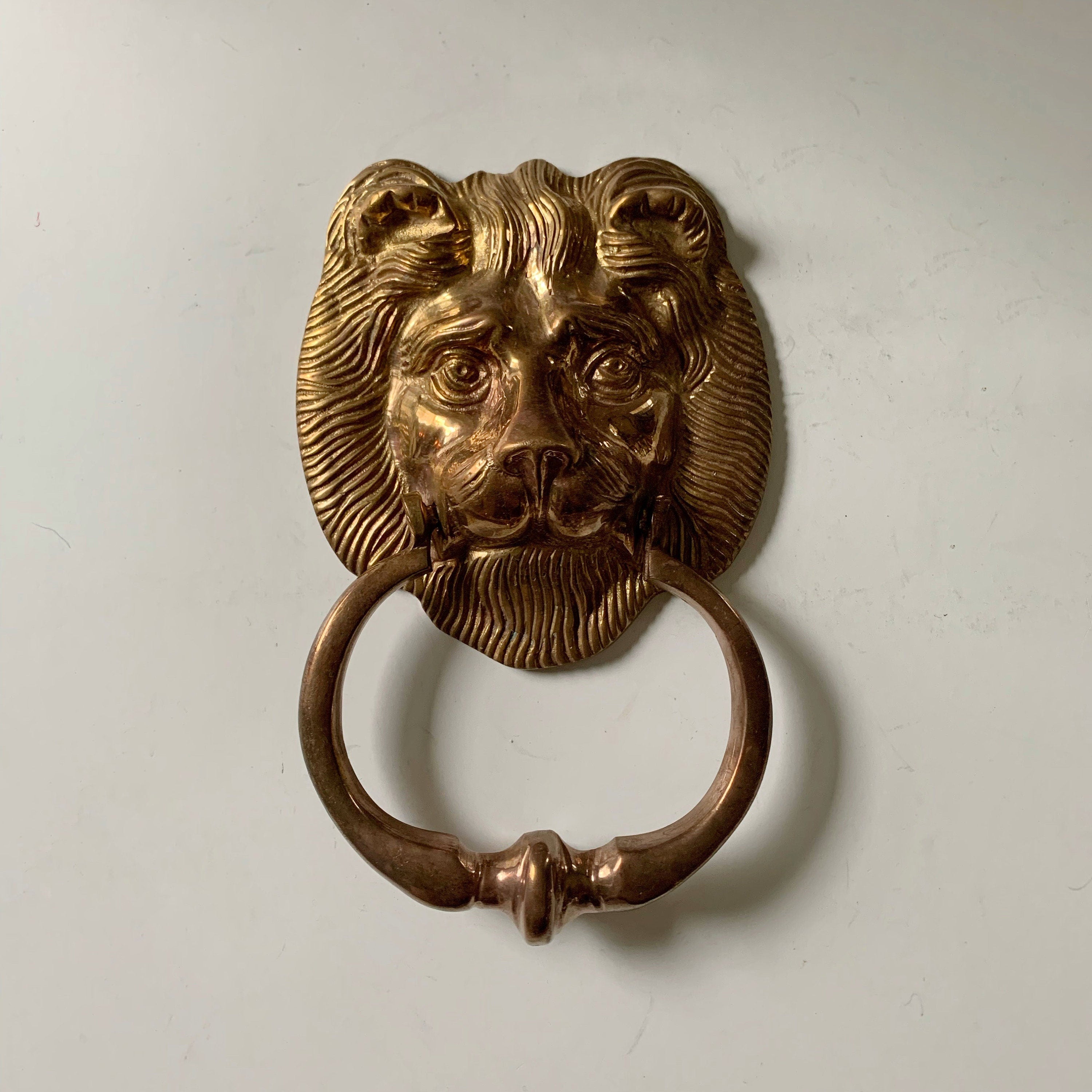 Solid Brass Lion Head Door Knocker Heavy Cat Boho Vintage MCM