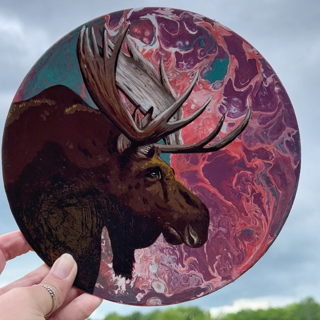 Derecho Moose Original Painting Round Canvas One Of A Kind Art Canada doodleDOG