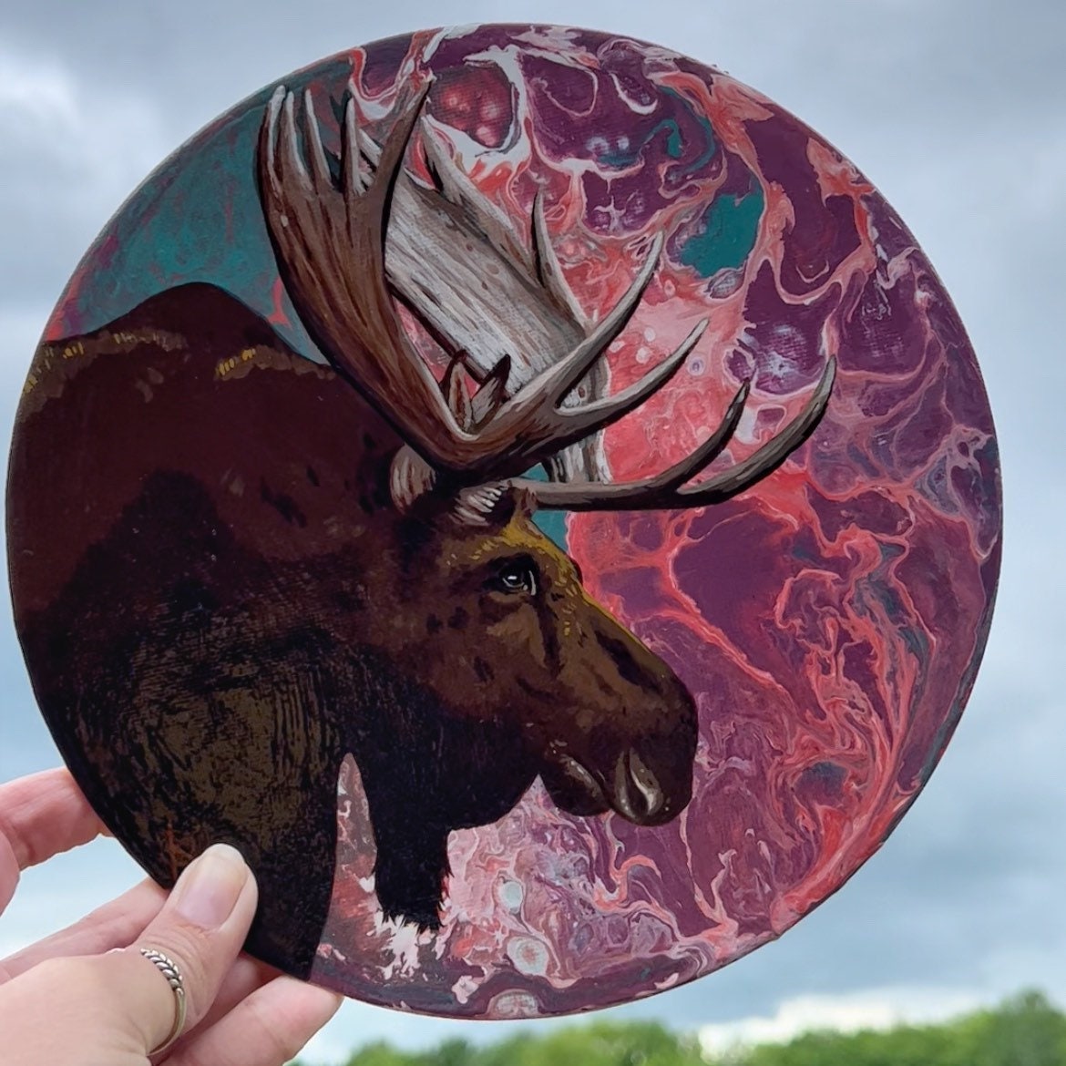 Derecho Moose Original Painting Round Canvas One Of A Kind Art Canada doodleDOG