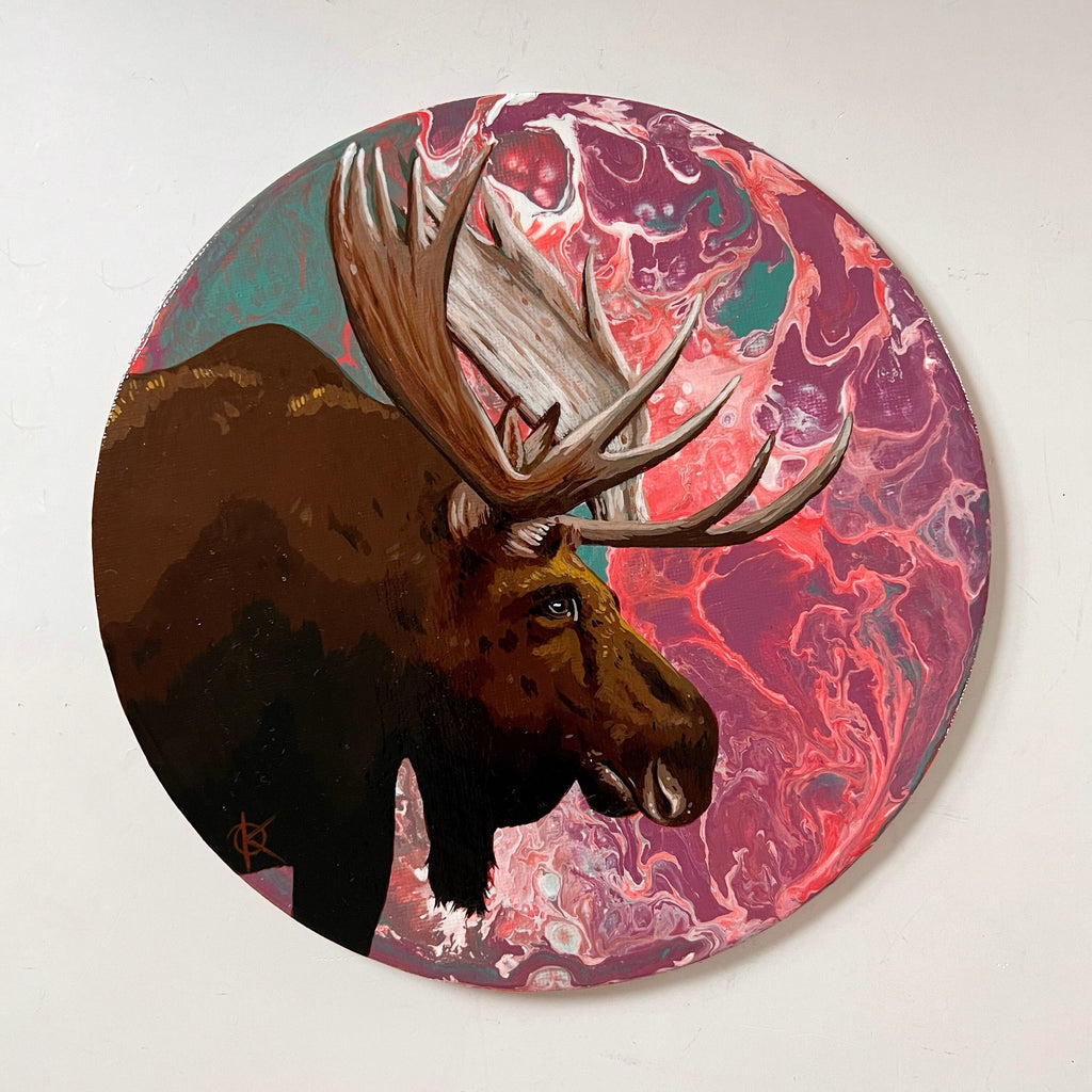 Derecho Moose Original Painting Round Canvas One Of A Kind Art Canada doodleDOG