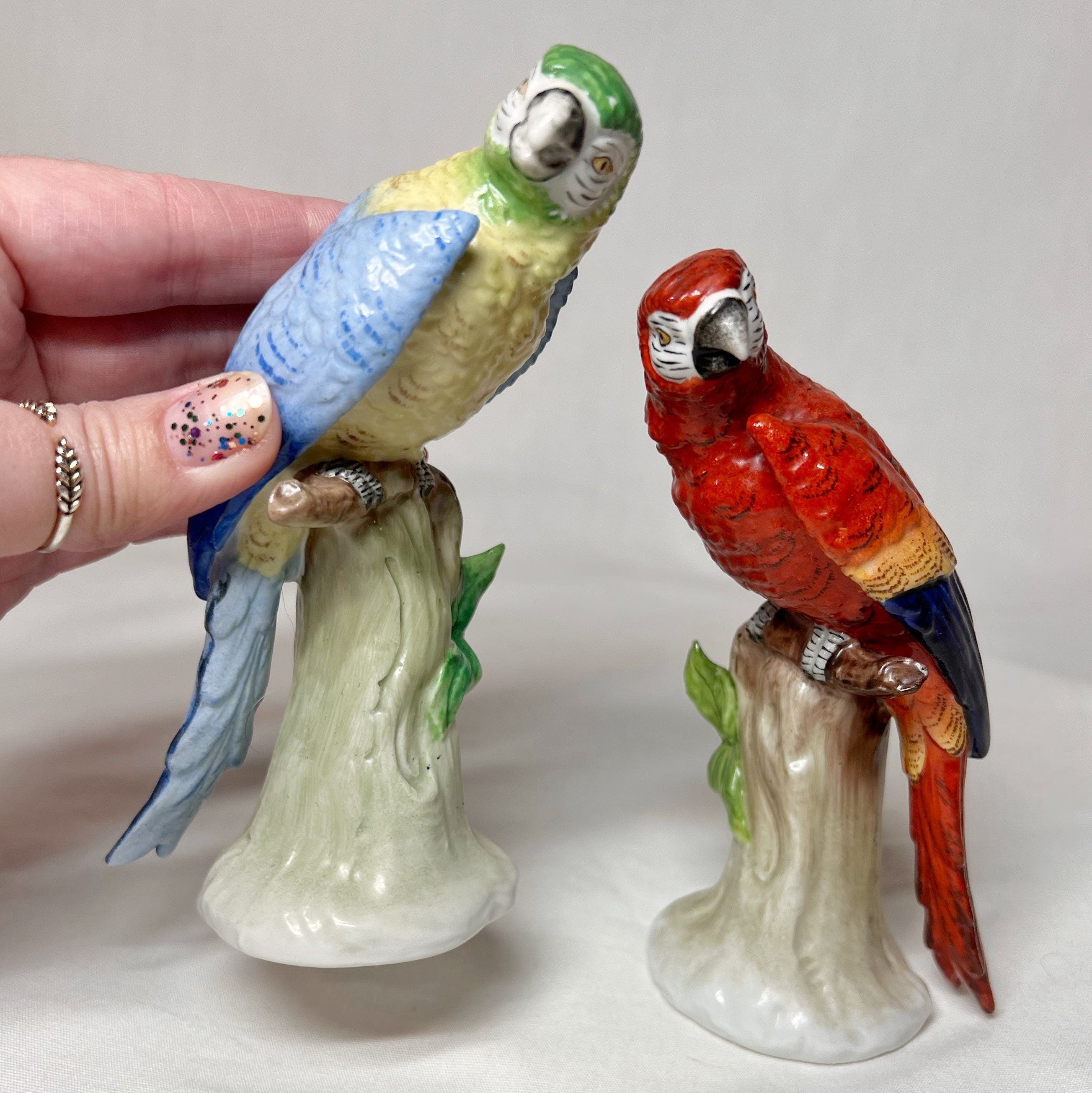 Pair of Sitzendorf Porcelain Parrots German Art Bird Signed Rare