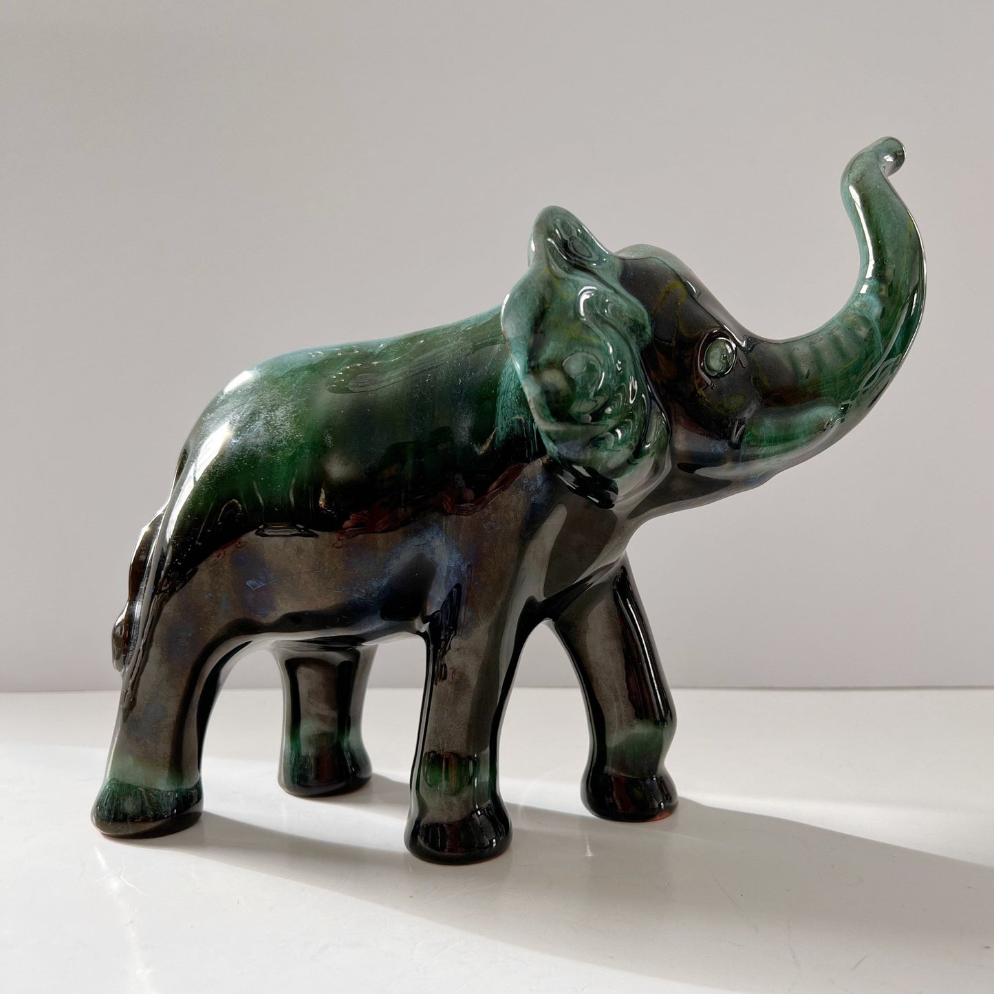 Blue Mountain Pottery Elephant Trunk Up Good Luck Flow Green Vintage Canada Collectible