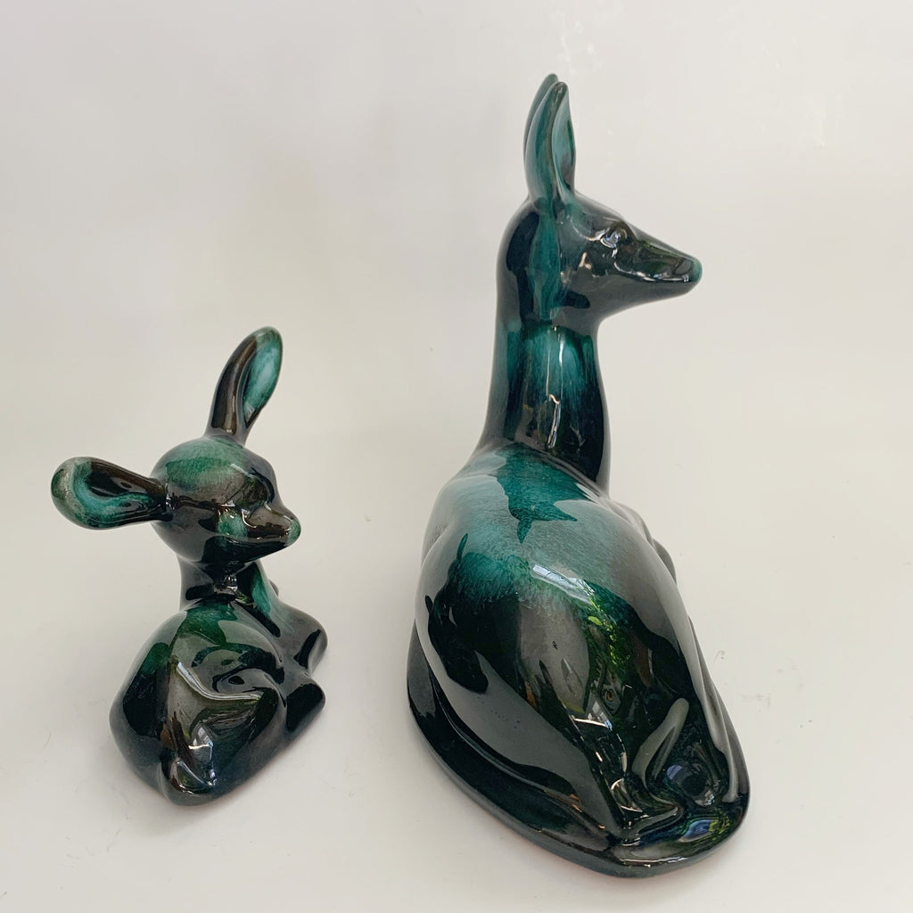 Blue Mountain Pottery Doe with Fawn Deer Green Flow Glaze Canada Vintage