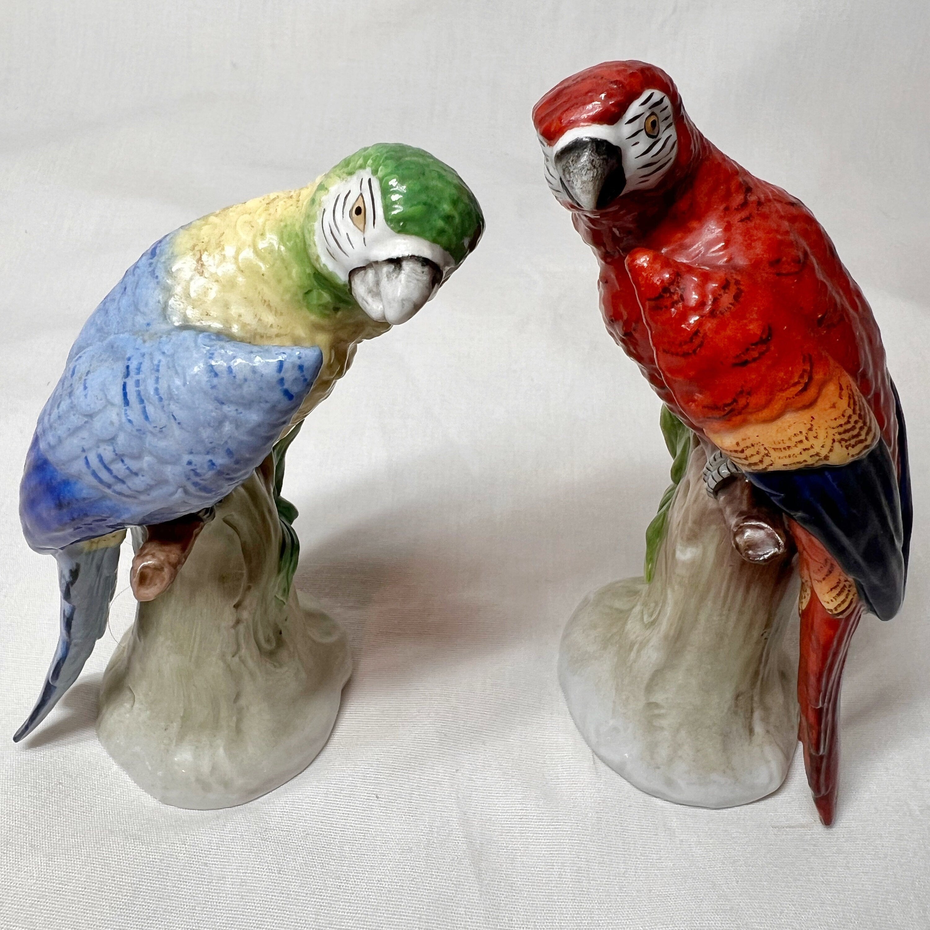 Pair of Sitzendorf Porcelain Parrots German Art Bird Signed Rare