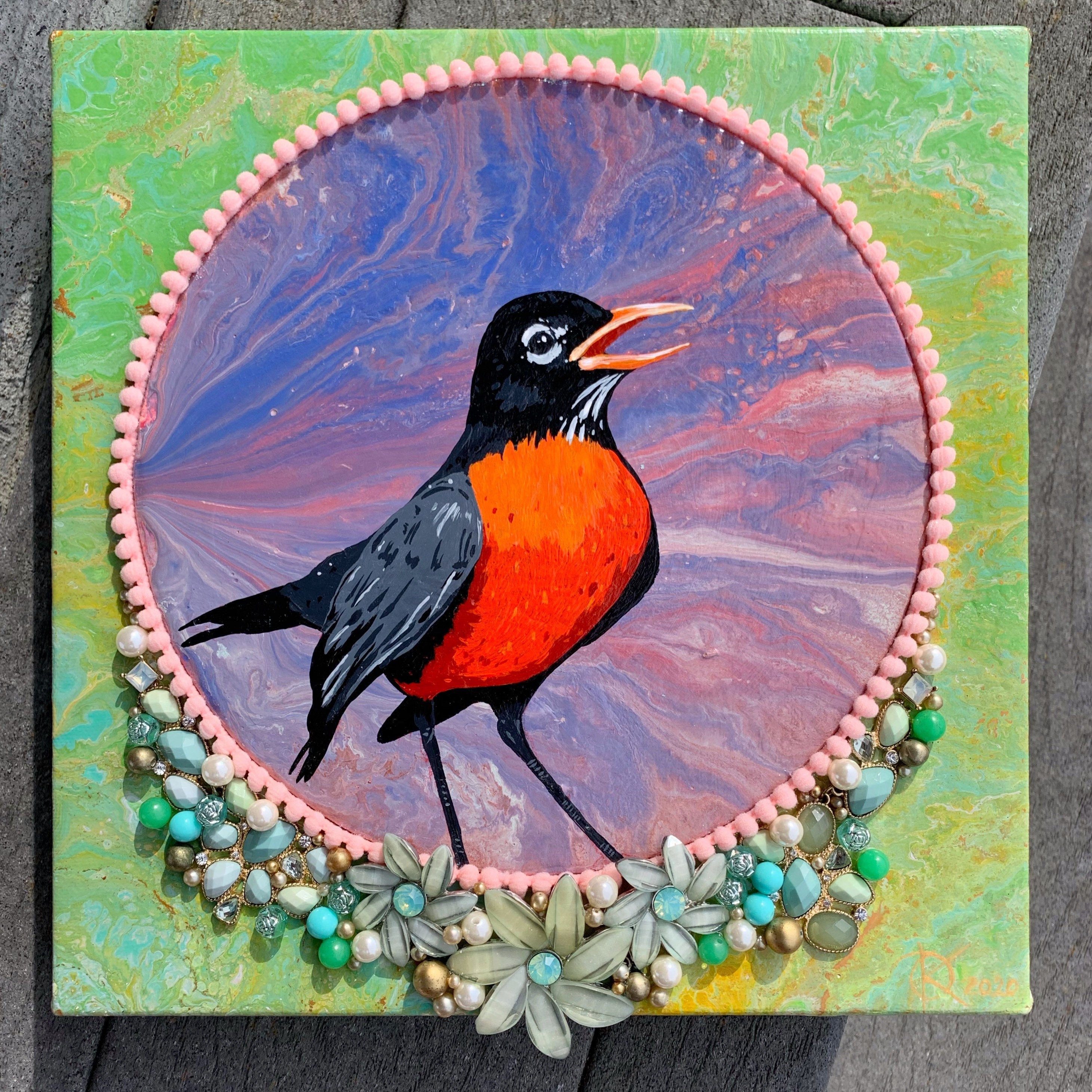 New Dawn Original Embellished Painting Gallery Canvas Vintage Jewelry Pompoms Gloss Glaze Robin Bird Art