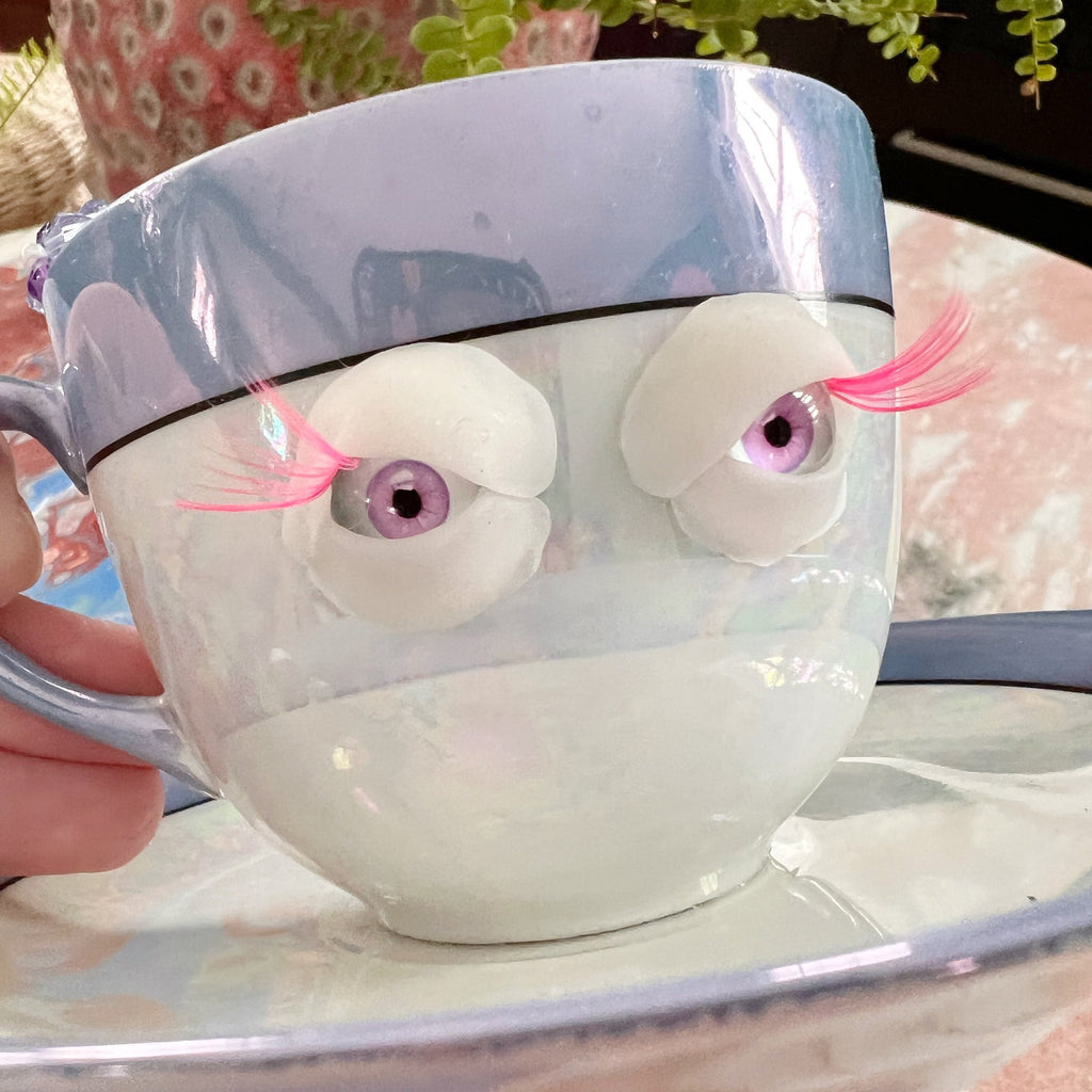 OOAK signed tea cup pin cushion Nagoya Seitosho blue lilac lustre glass eyes functional sculpture sewing lover