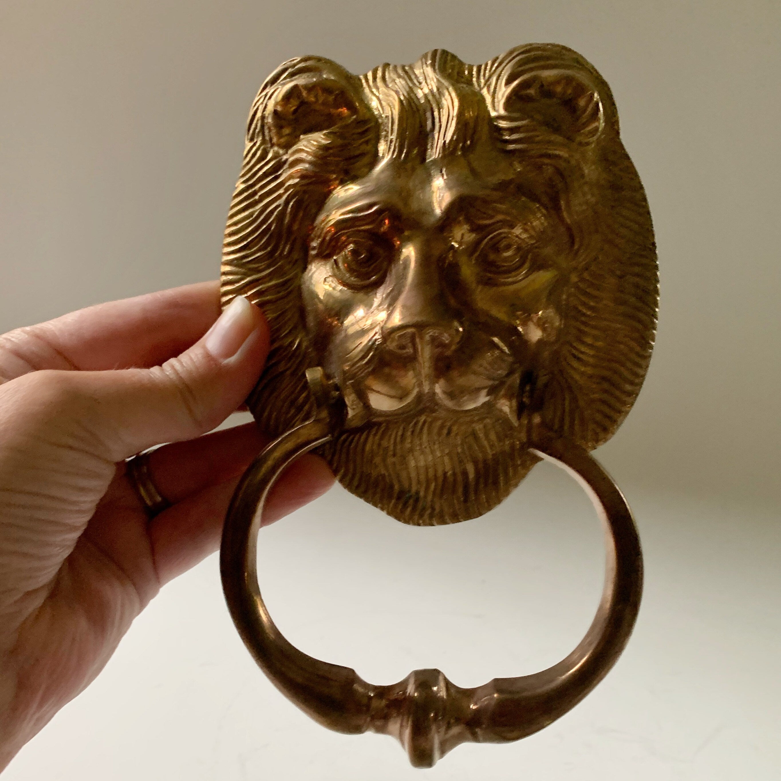Solid Brass Lion Head Door Knocker Heavy Cat Boho Vintage MCM