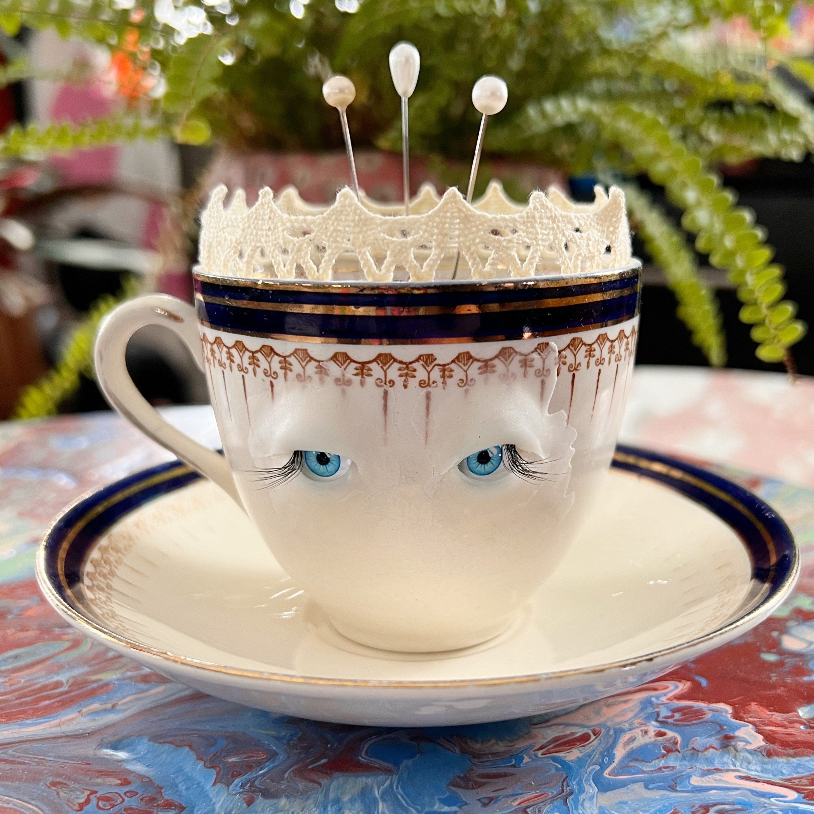 OOAK signed tea cup pin cushion Bleu de Roi Meakin England functional sculpture sewing lover art