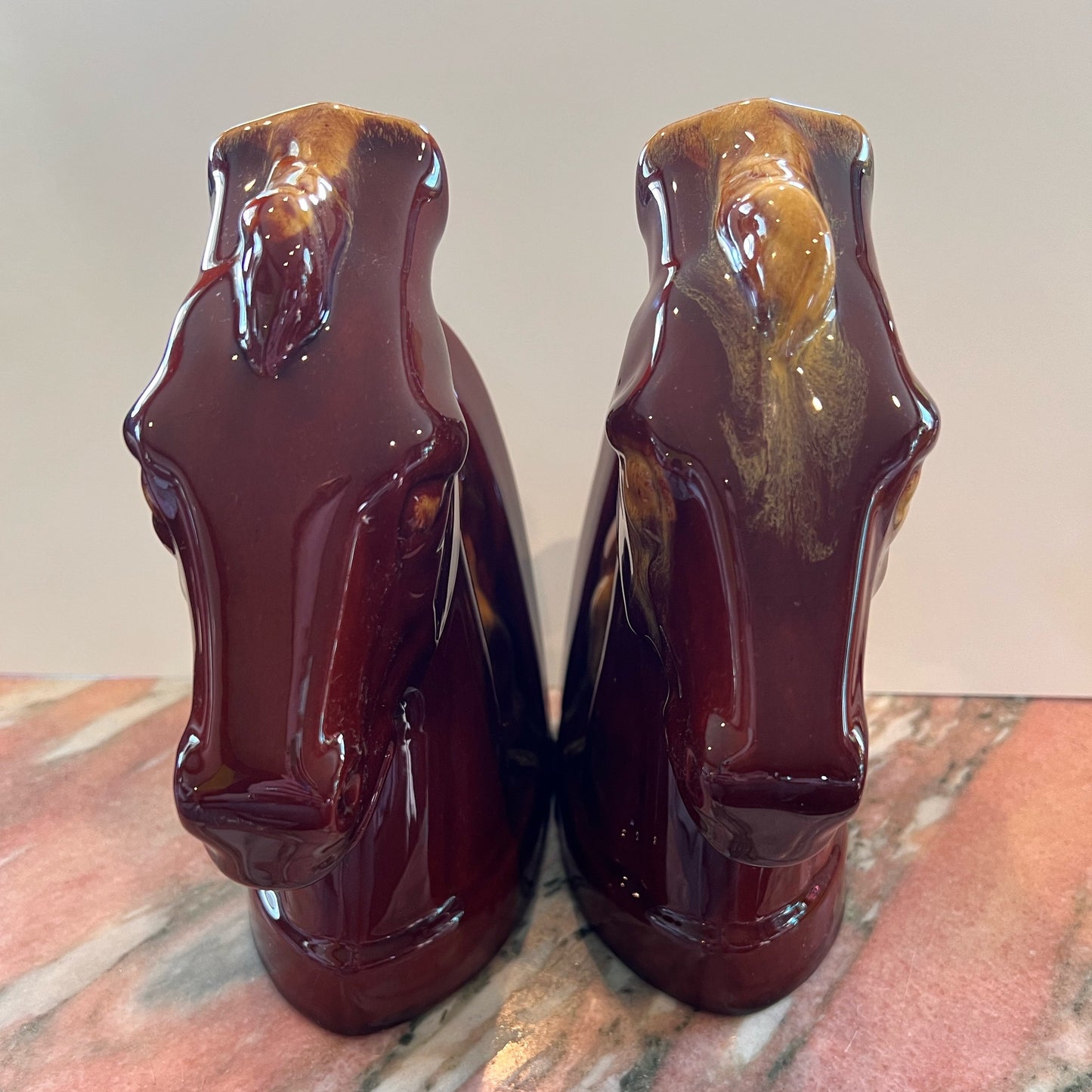 Blue Mountain Pottery Horse Head Bookends Harvest Gold Drip Glaze Classic Canada BMP Equine