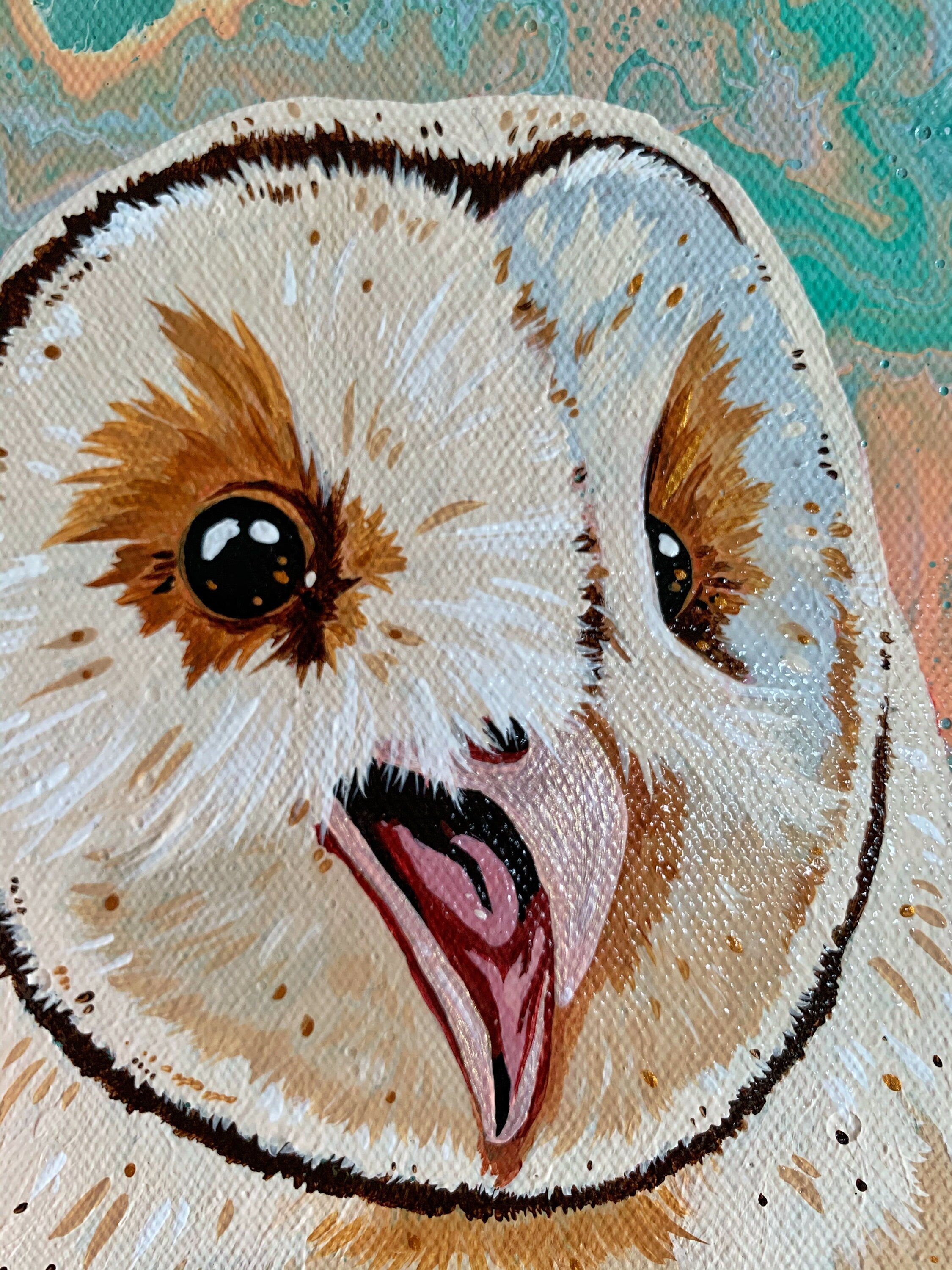 BARN OWL original painting on 8 x 10 stretched canvas pour background