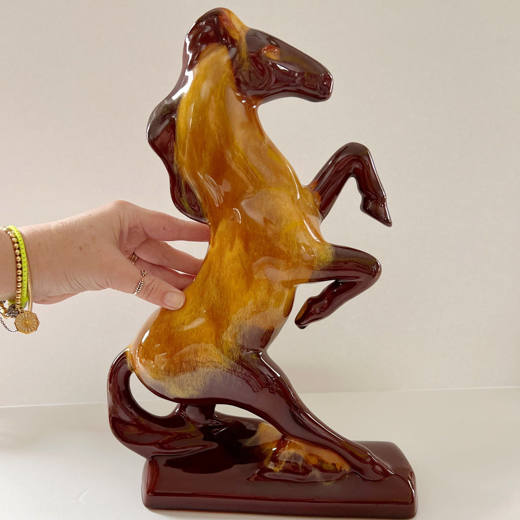 Large Blue Mountain Pottery Rearing Horse Stallion Harvest Gold Collectible