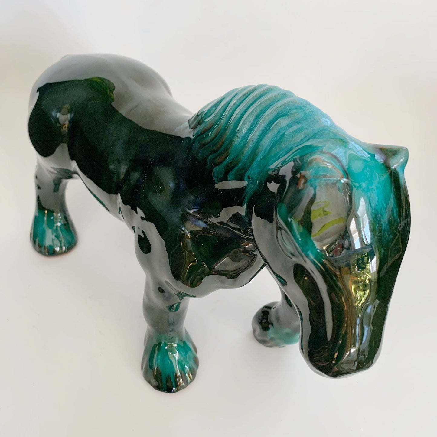 Large Blue Mountain Pottery Clydesdale Draft Horse Green Flow Glaze Vintage