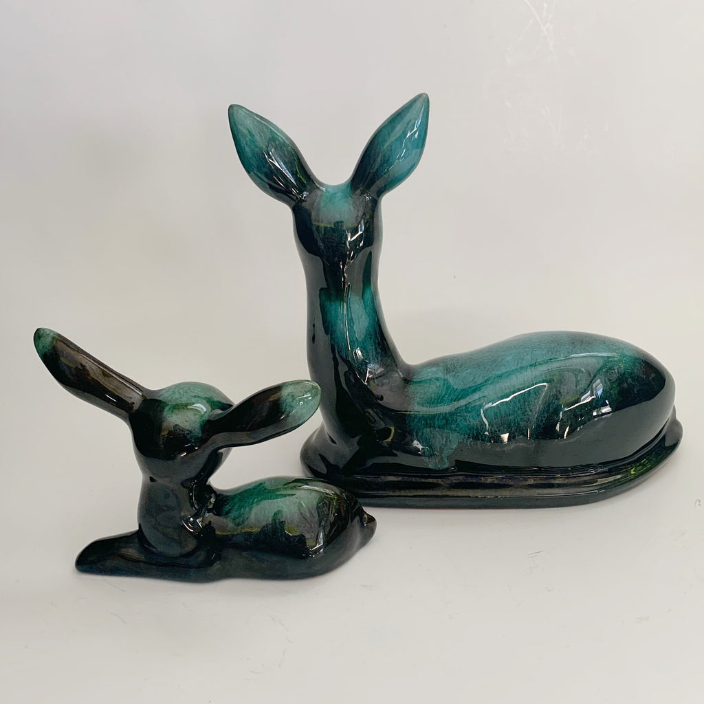 Blue Mountain Pottery Doe with Fawn Deer Green Flow Glaze Canada Vintage