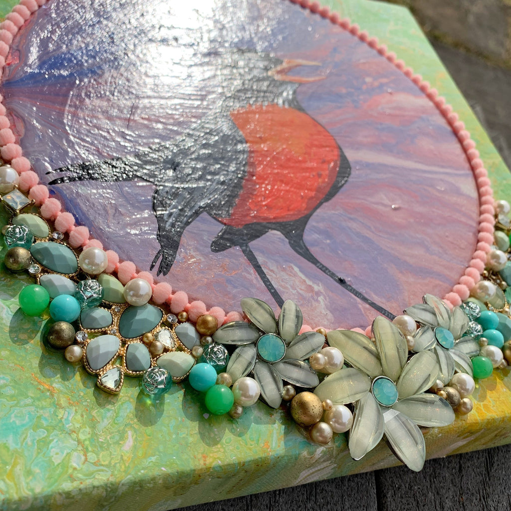 New Dawn Original Embellished Painting Gallery Canvas Vintage Jewelry Pompoms Gloss Glaze Robin Bird Art