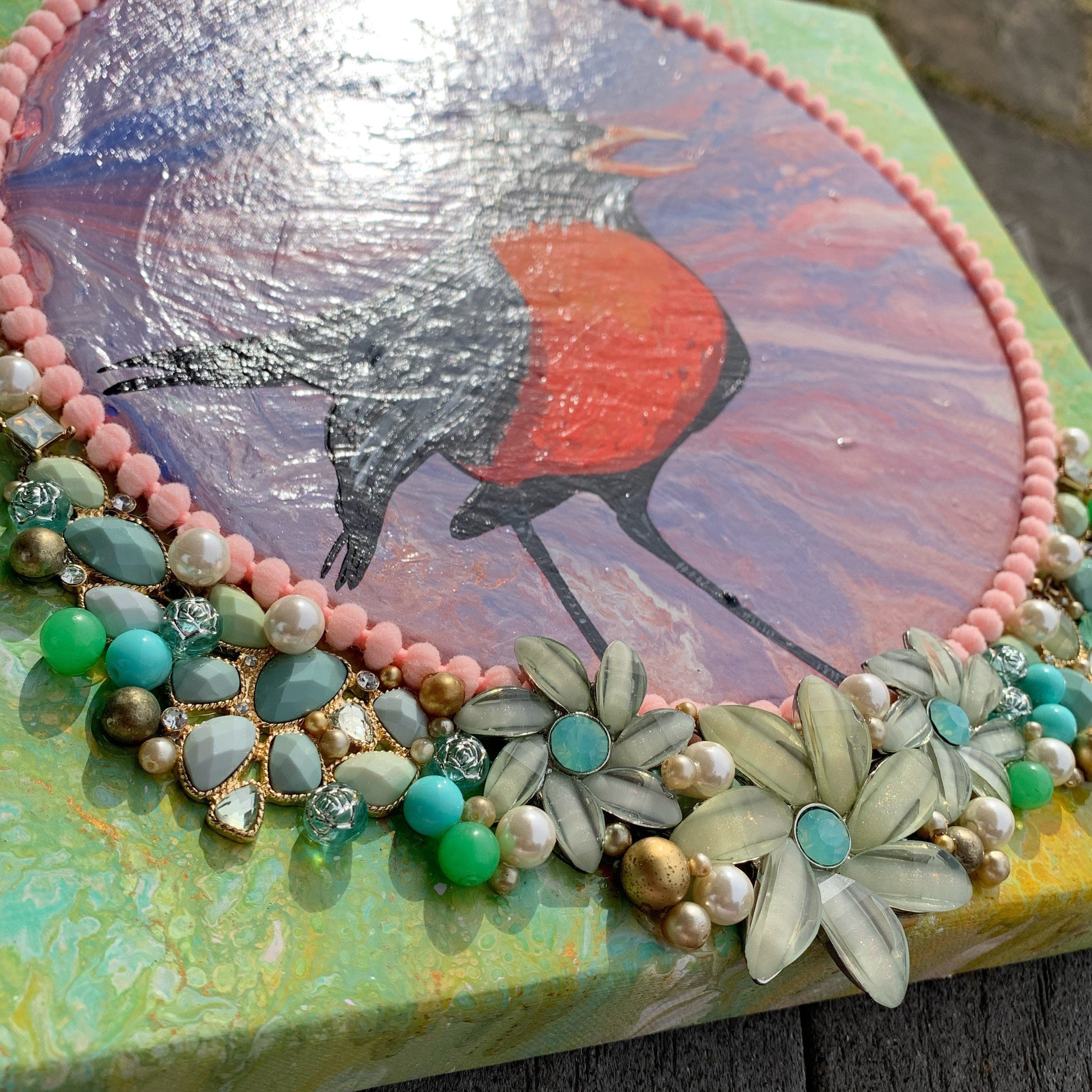 New Dawn Original Embellished Painting Gallery Canvas Vintage Jewelry Pompoms Gloss Glaze Robin Bird Art