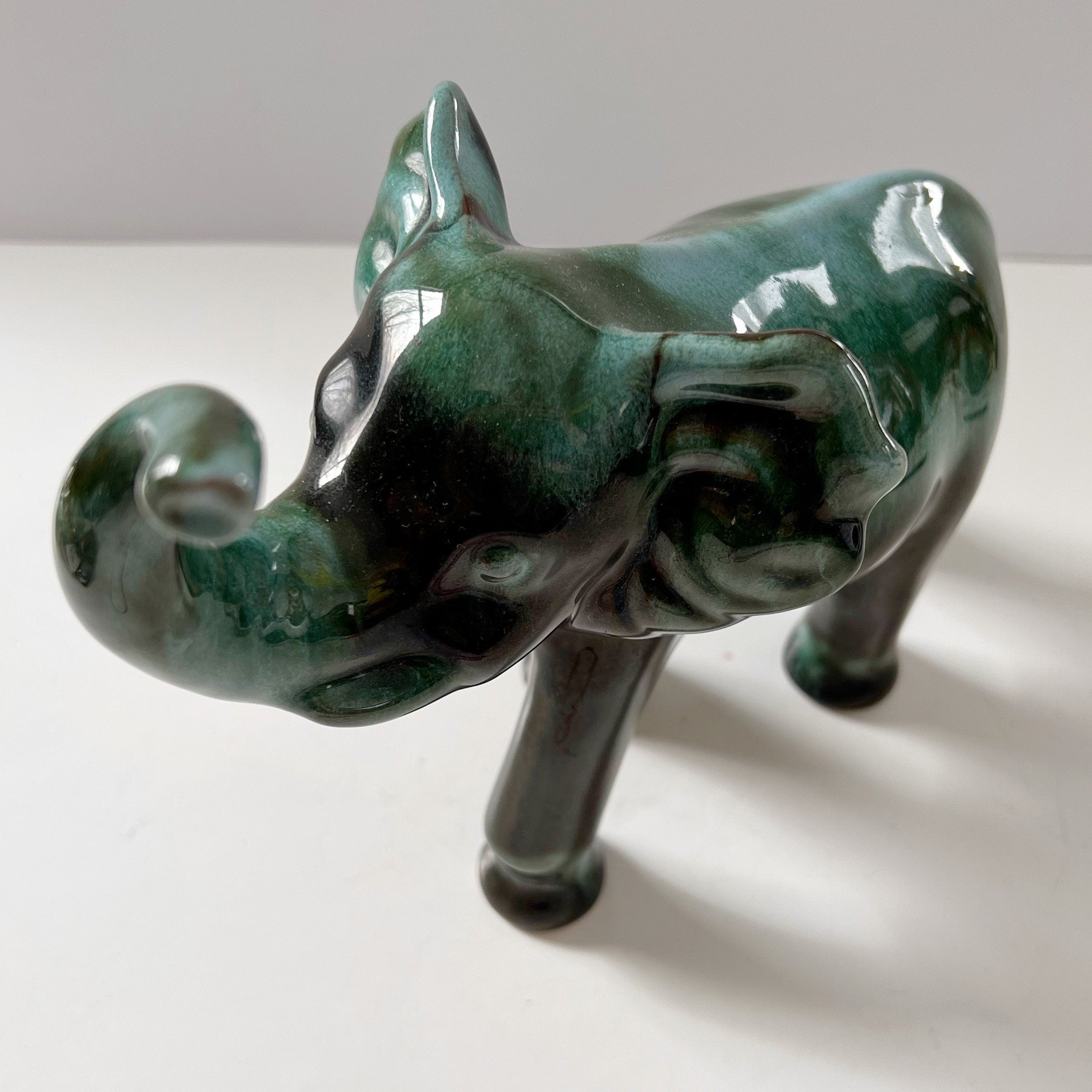 Blue Mountain Pottery Elephant Trunk Up Good Luck Flow Green Vintage Canada Collectible