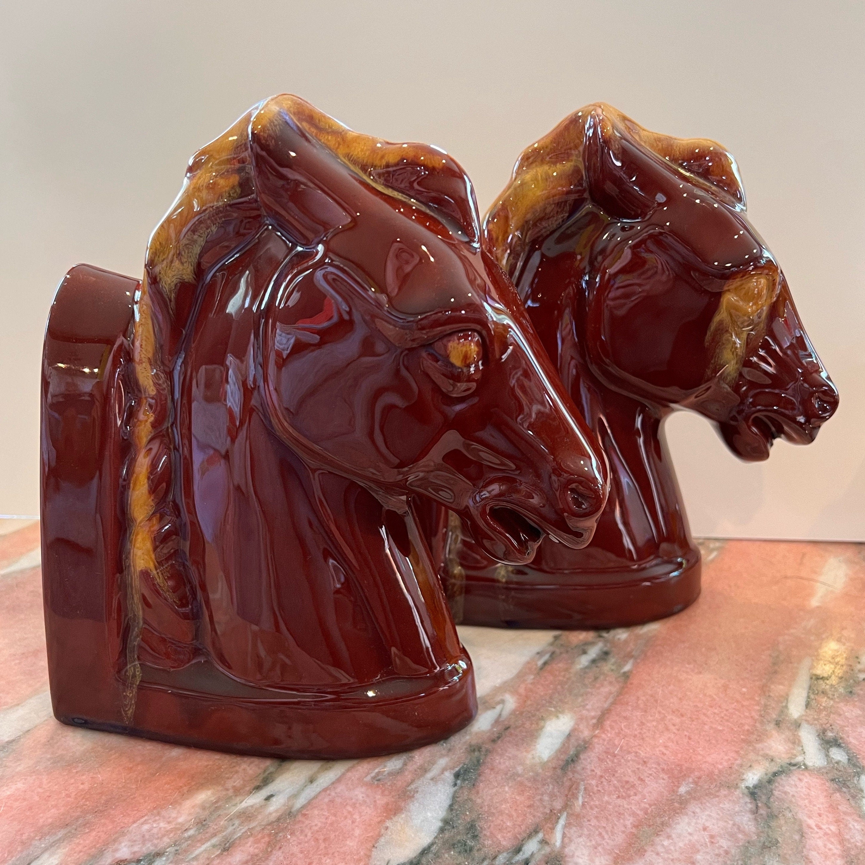 Blue Mountain Pottery Horse Head Bookends Harvest Gold Drip Glaze Classic Canada BMP Equine