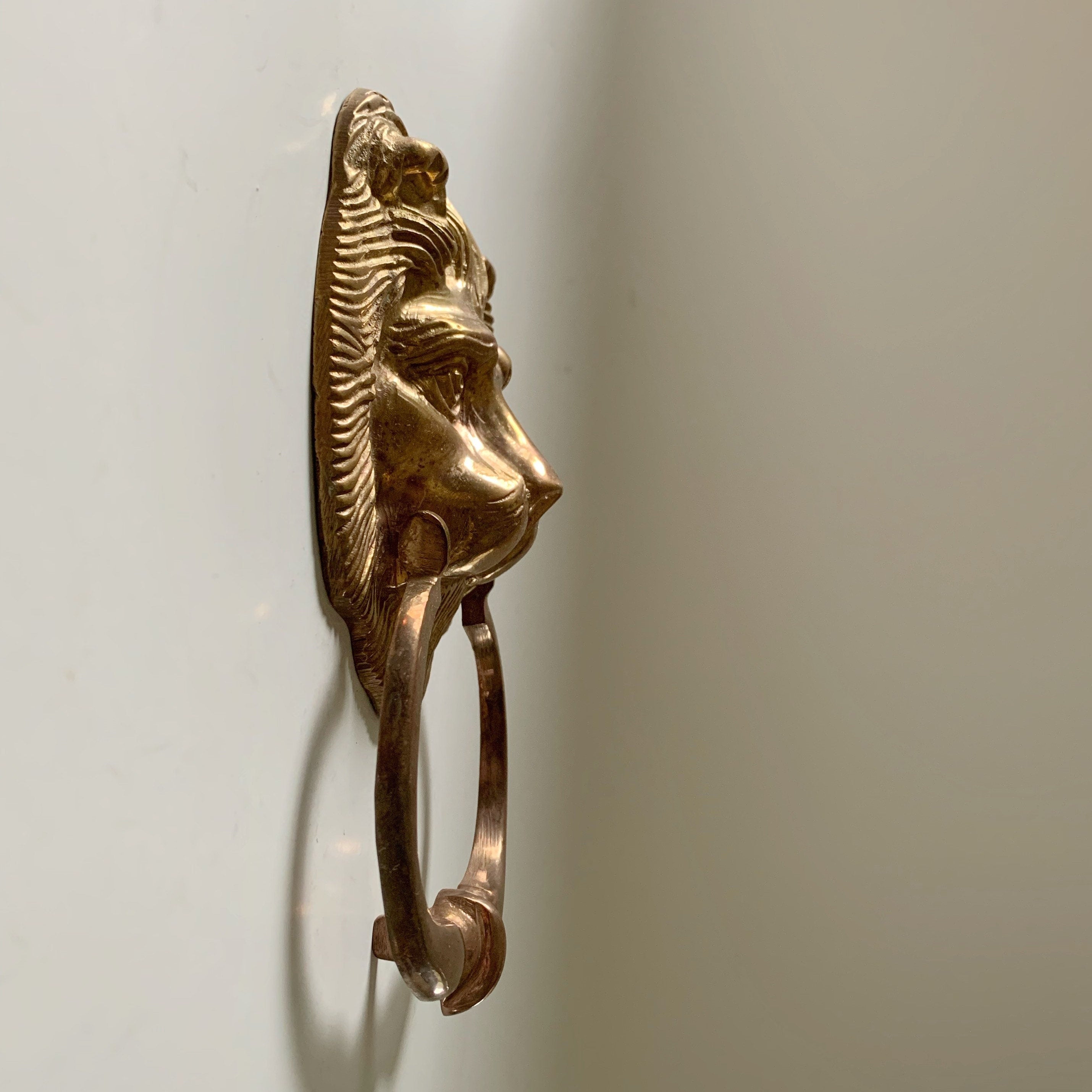 Solid Brass Lion Head Door Knocker Heavy Cat Boho Vintage MCM