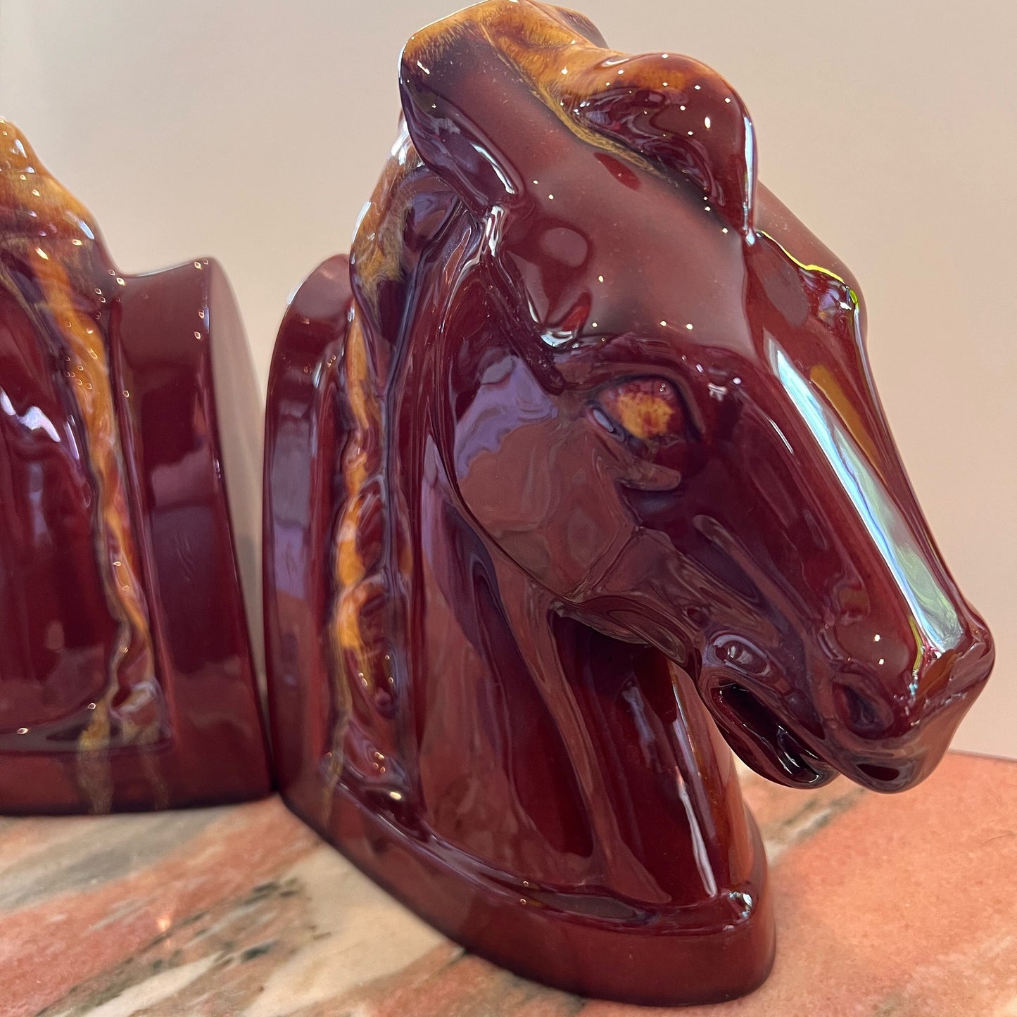 Blue Mountain Pottery Horse Head Bookends Harvest Gold Drip Glaze Classic Canada BMP Equine