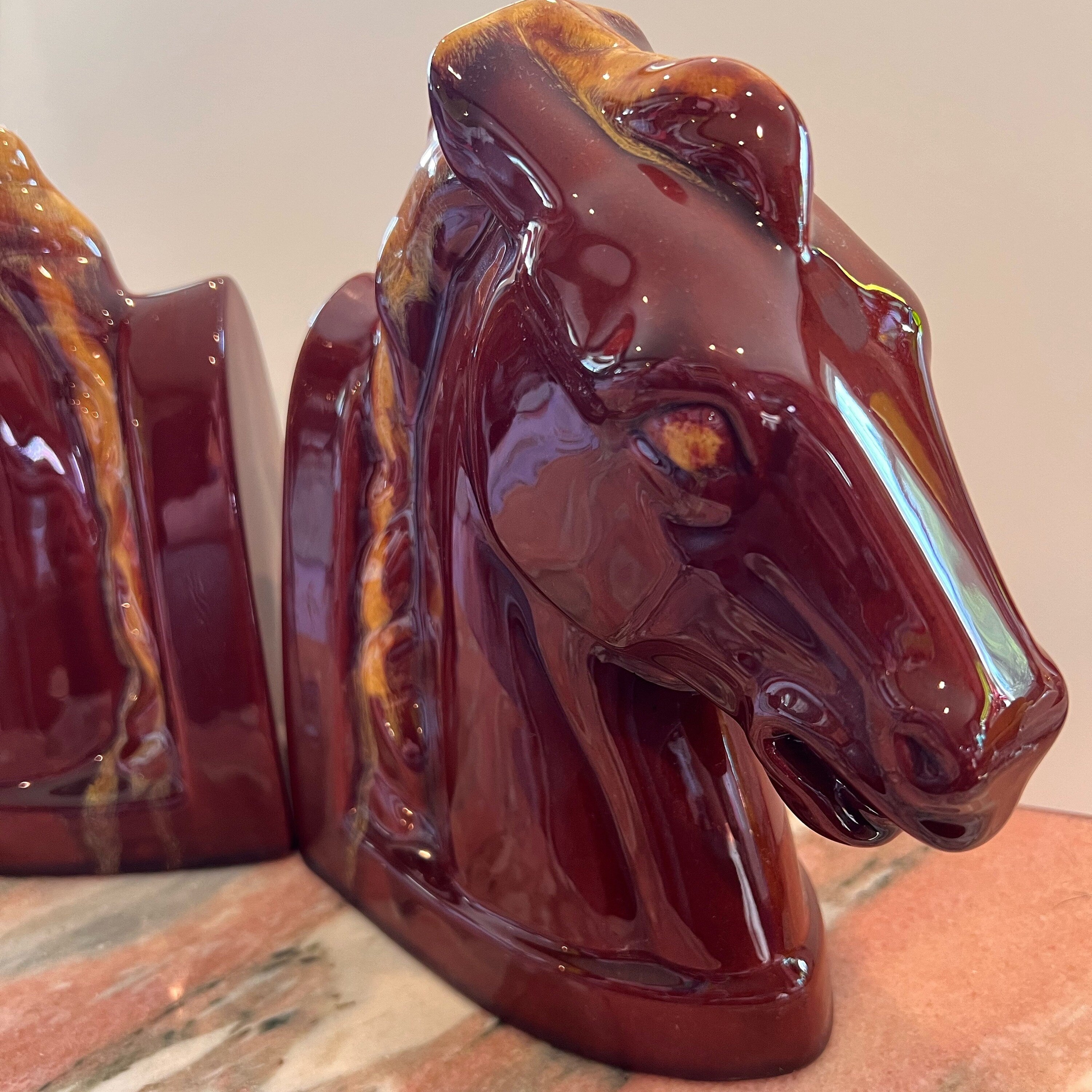 Blue Mountain Pottery Horse Head Bookends Harvest Gold Drip Glaze Classic Canada BMP Equine