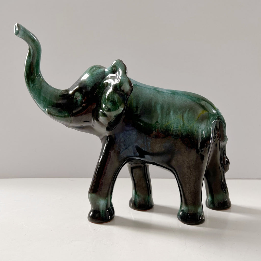 Blue Mountain Pottery Elephant Trunk Up Good Luck Flow Green Vintage Canada Collectible