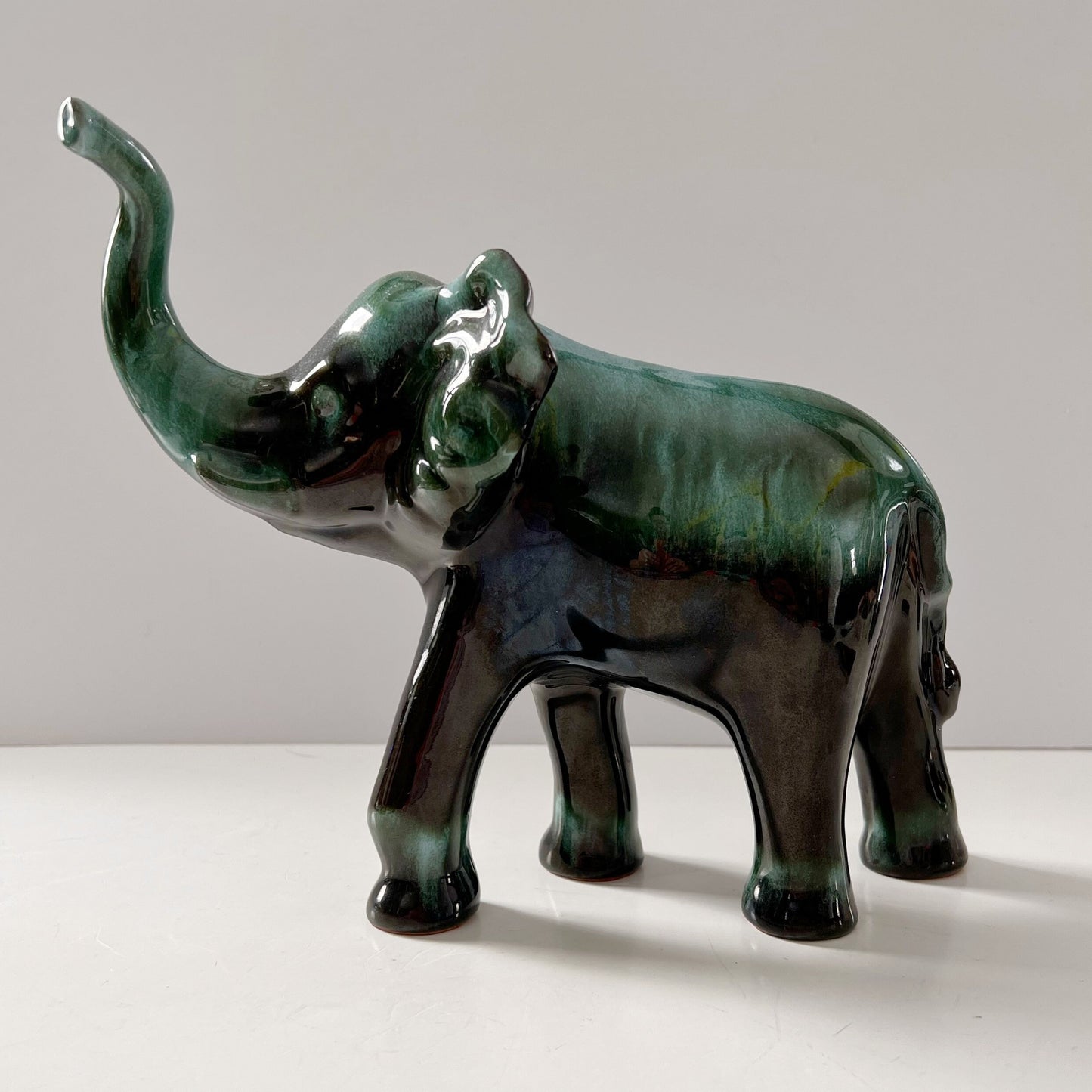 Blue Mountain Pottery Elephant Trunk Up Good Luck Flow Green Vintage Canada Collectible