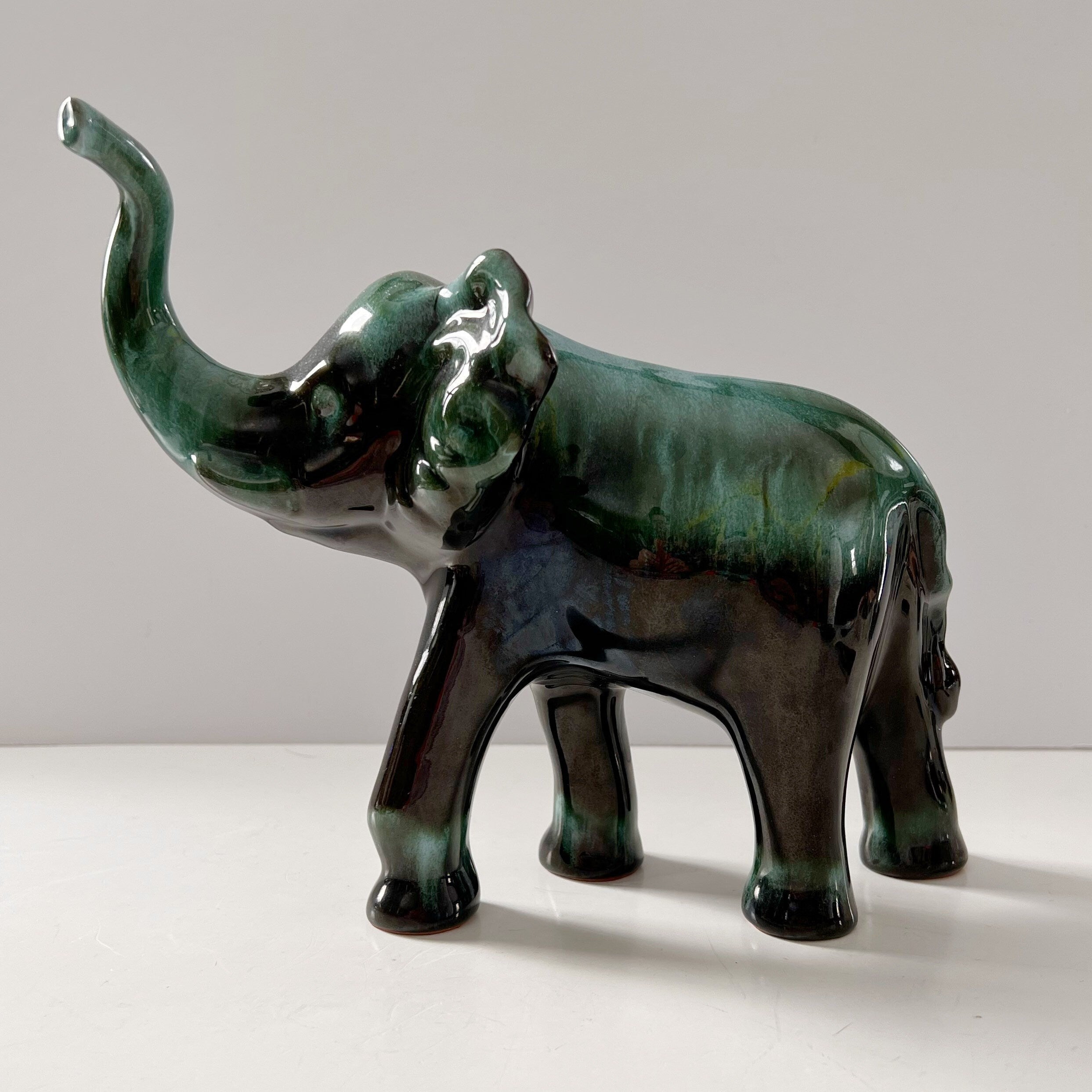 Blue Mountain Pottery Elephant Trunk Up Good Luck Flow Green Vintage Canada Collectible